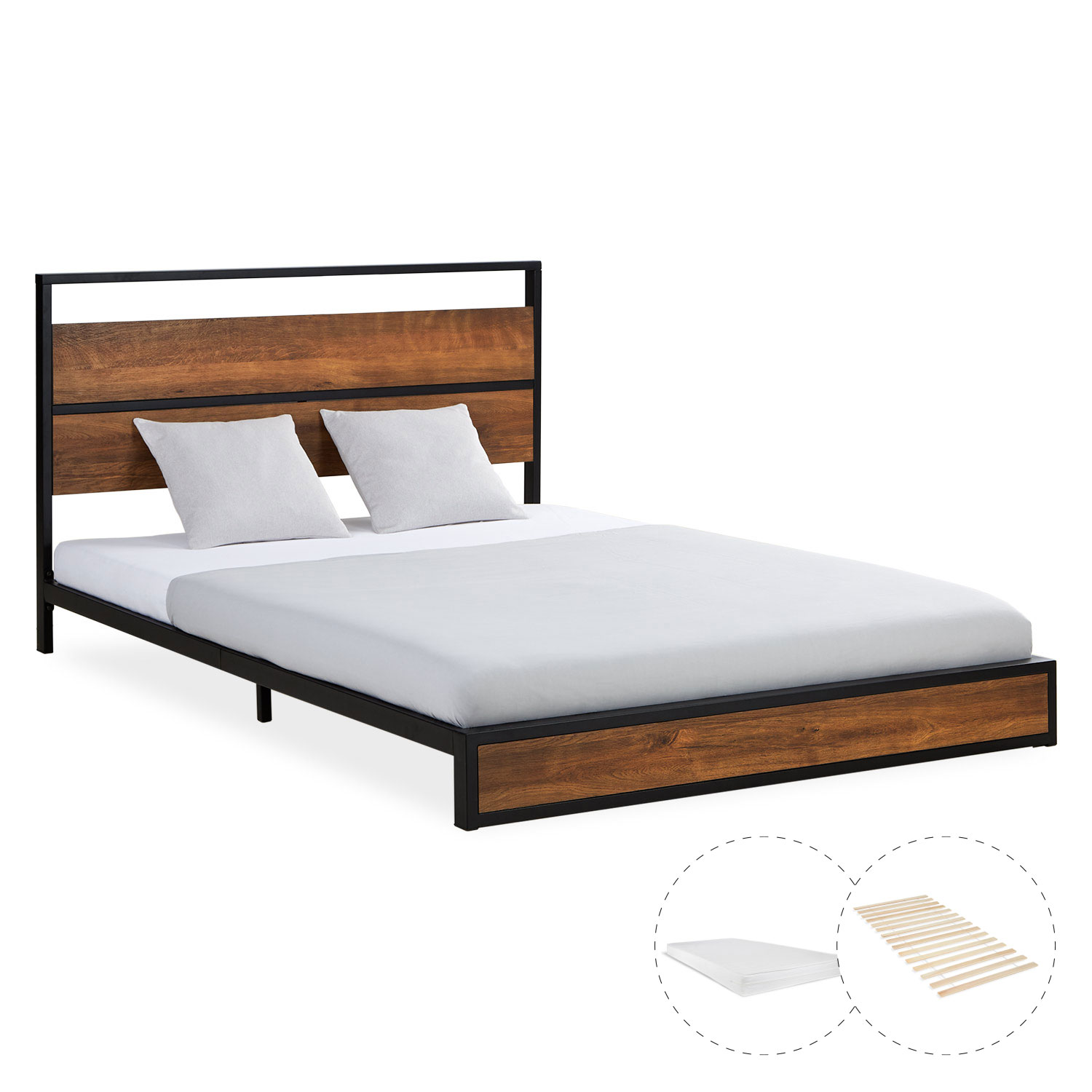 Metallbettgestell in Braun und Schwarz mit Holzelementen, Metallelementen, Lattenrost und Matratze. Das Bett ist mit Matratze, Bettwäsche und Kissen vor weißem Hintergrund abgebildet. Kopfteil, Rahmen und Beine sind in der schrägen Ansicht sichtbar.
