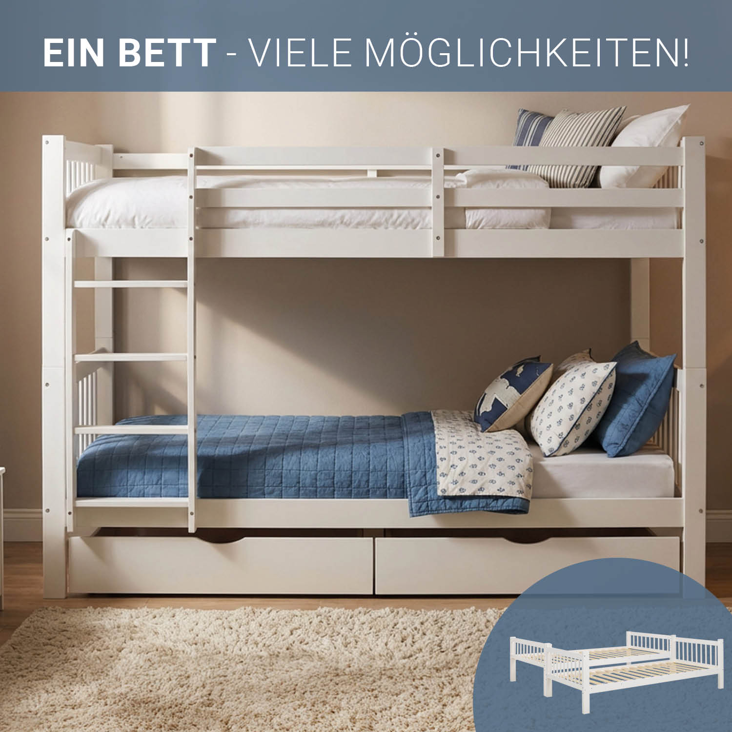 White Bunk Bed 90x200 cm | Children’s Bed with 2 Underbed Drawers | Safety Guard | Convertible | Solid Wood
