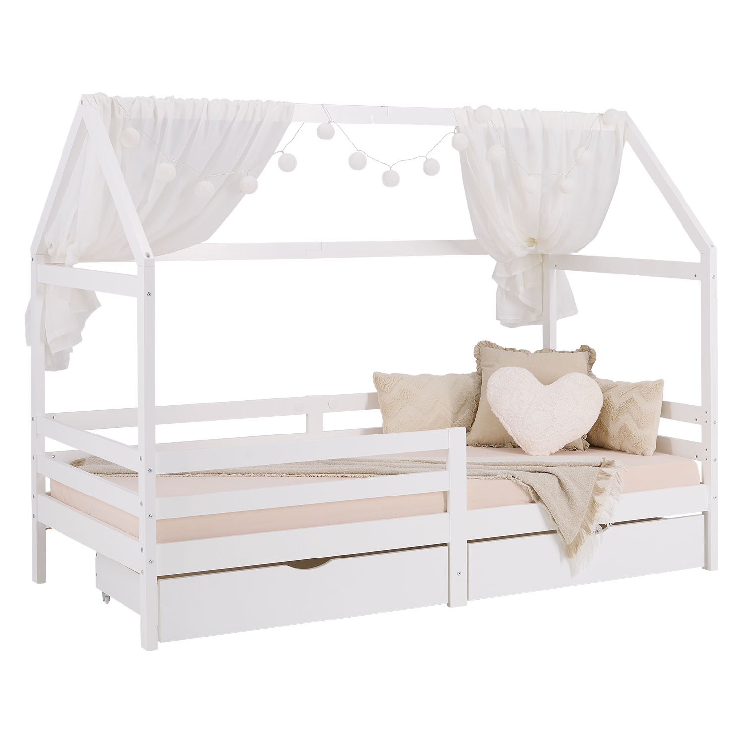 Children's Bed 90x200 cm White | House Bed with Fall Protection and Bed Drawer | Montessori | Single Bed | with Slatted Frame | Wood