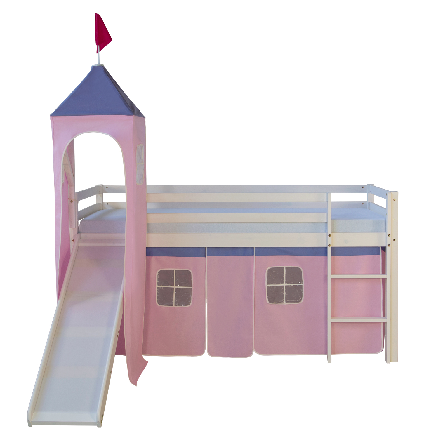 Loftbed Childrenbed Slide Tower Solid Pine Curtain Pink 90x200