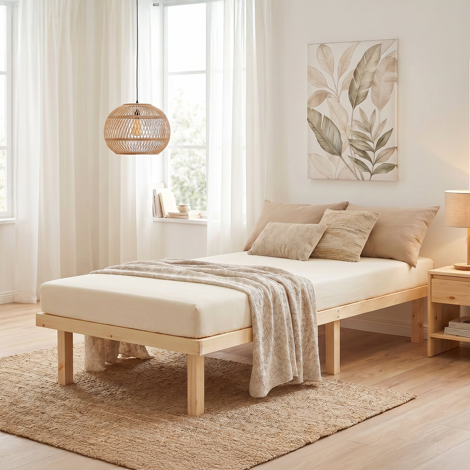 Wooden Bed 90x200 cm Natural | Single Bed | with Slatted Frame | Wood | Kids Youth Guest Bedroom