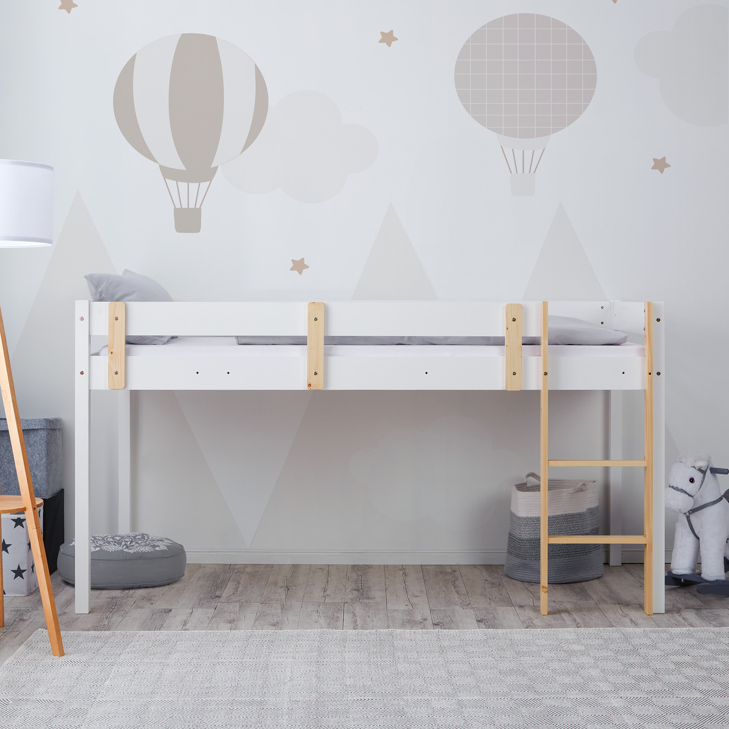 Loft Bed Kids 90x200 cm White | Ladder Natural | Fall Protection | with Slatted Frame