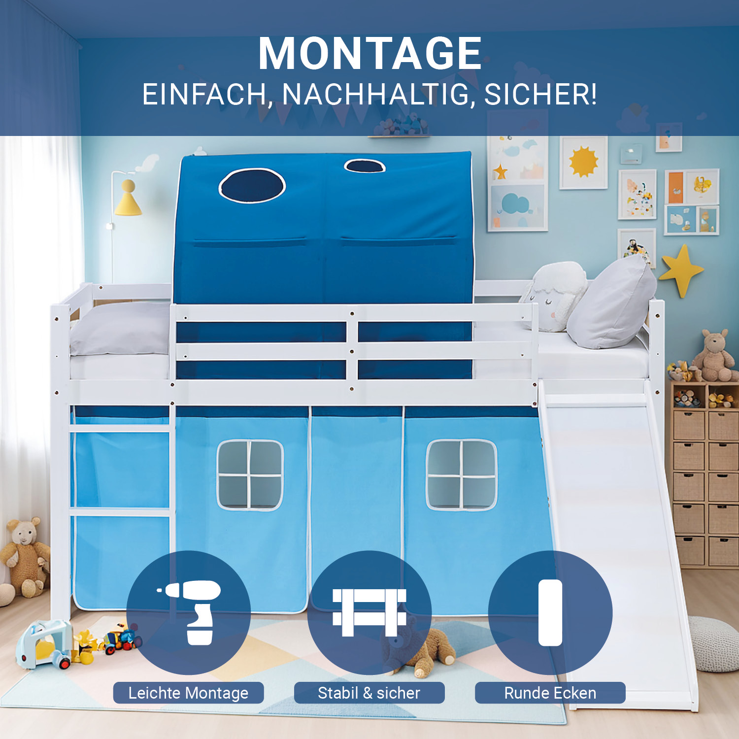 Loft Bed for Kids 90x200 cm White with Curtain & Tunnel in Blue | Slide | with Slatted Frame and Mattress