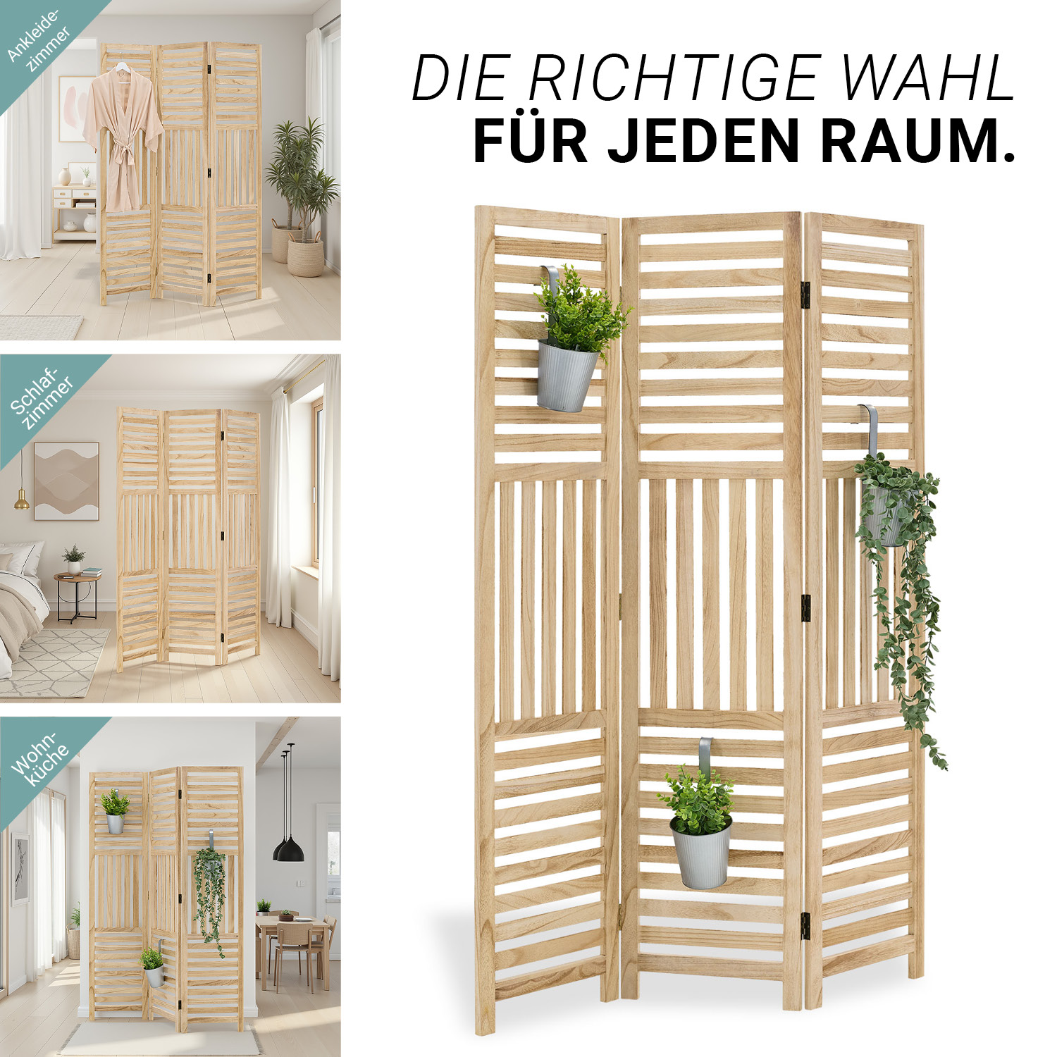 Paravent Natural Wooden Slats | 3-panel | Wood | Room Divider Partition Privacy Screen