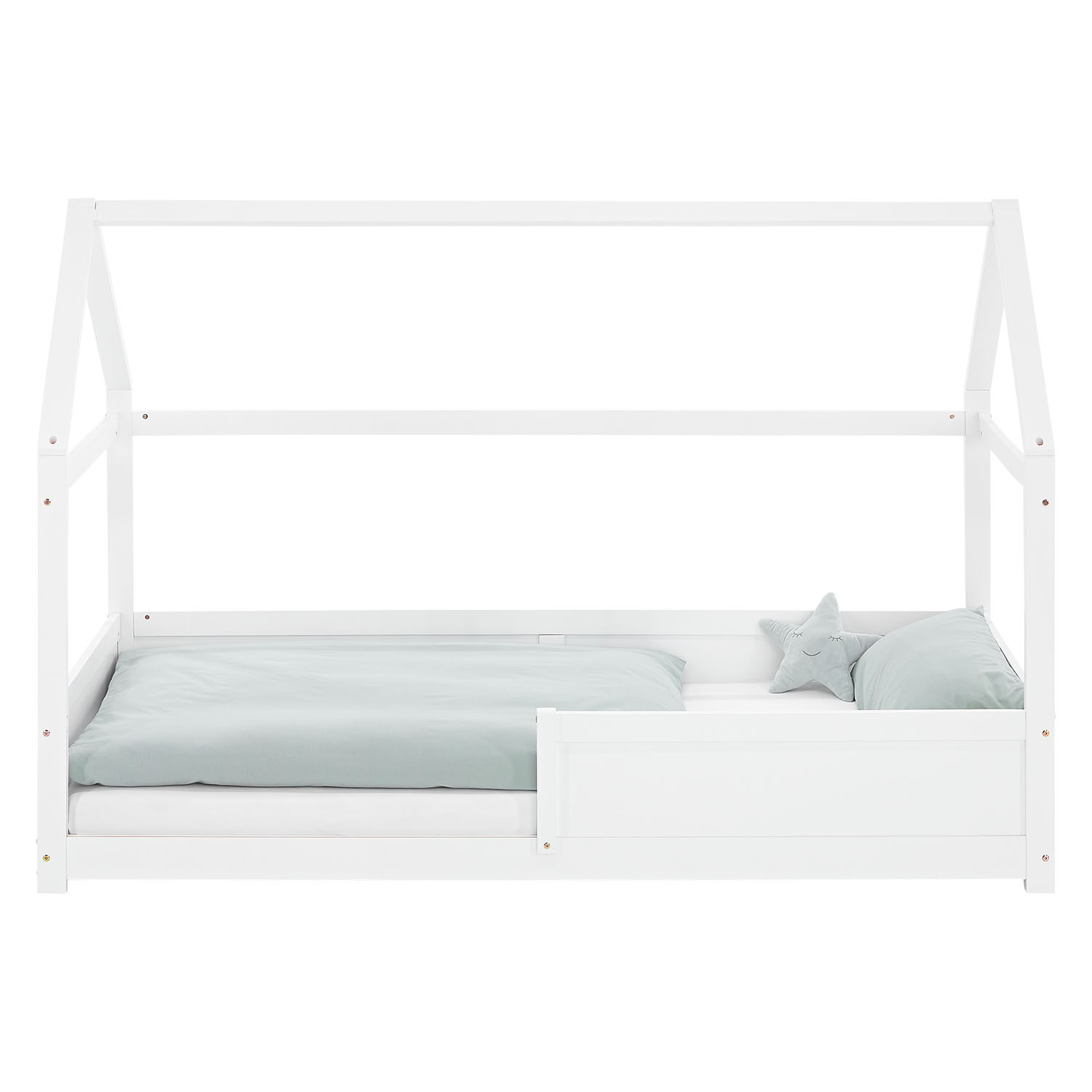 Children's Bed 90x200 cm White | House Bed with Fall Protection | Montessori | Single Bed | with Slatted Frame | Wood