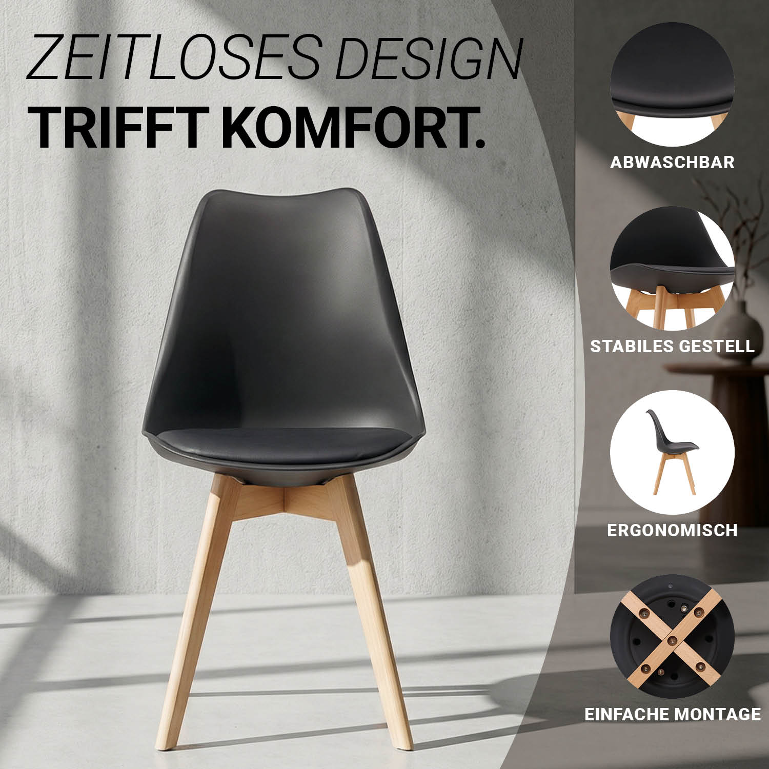 2 Black Dining Chairs – Modern Plastic Design Chair with Wooden Legs | Set of 2 Contemporary Kitchen & Dining Chairs