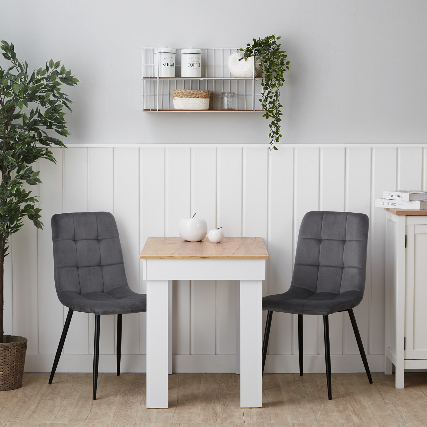 White/oak dining set, 90x60 cm, with 2 gray velvet chairs and black metal legs