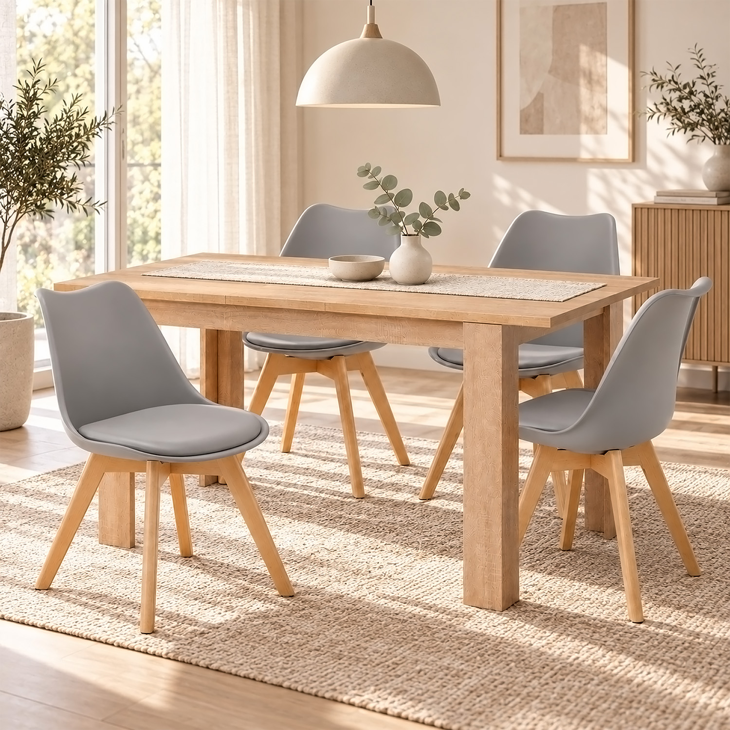 Dining Set (5-Piece): 120x80 cm oak extendable dining table with 4 grey plastic chairs and wooden legs