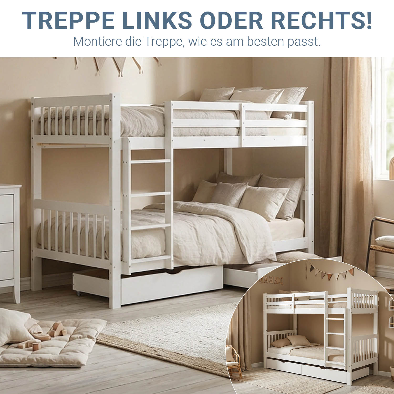 White Bunk Bed 90x200 cm | Children’s Bed with Mattress | with 2 Underbed Drawers | Slatted Base Included | Safety Guard | Convertible | Solid Wood