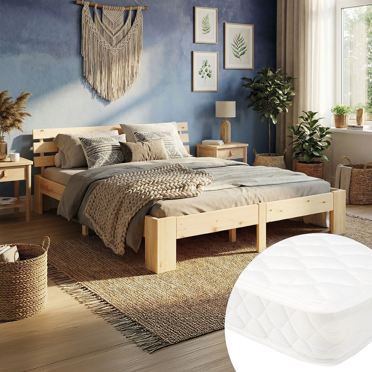 Wood Bed 140x200 cm Natural | Double Bed | with Spring Mattress | Solid | Youth Guest Bedroom