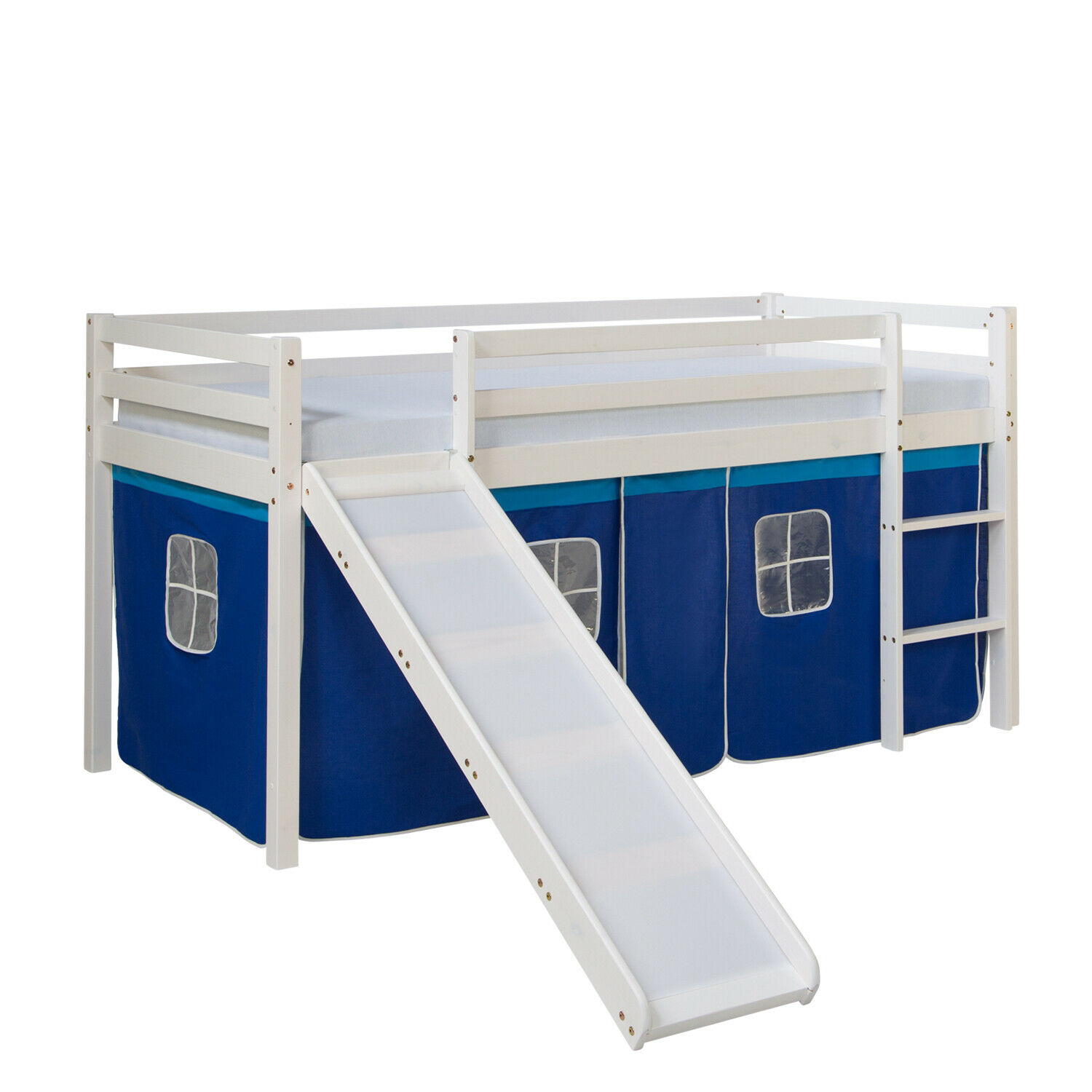 Loft Bed Kids 90x200 cm White with Curtain in Blue | Slide | without Slatted Frame