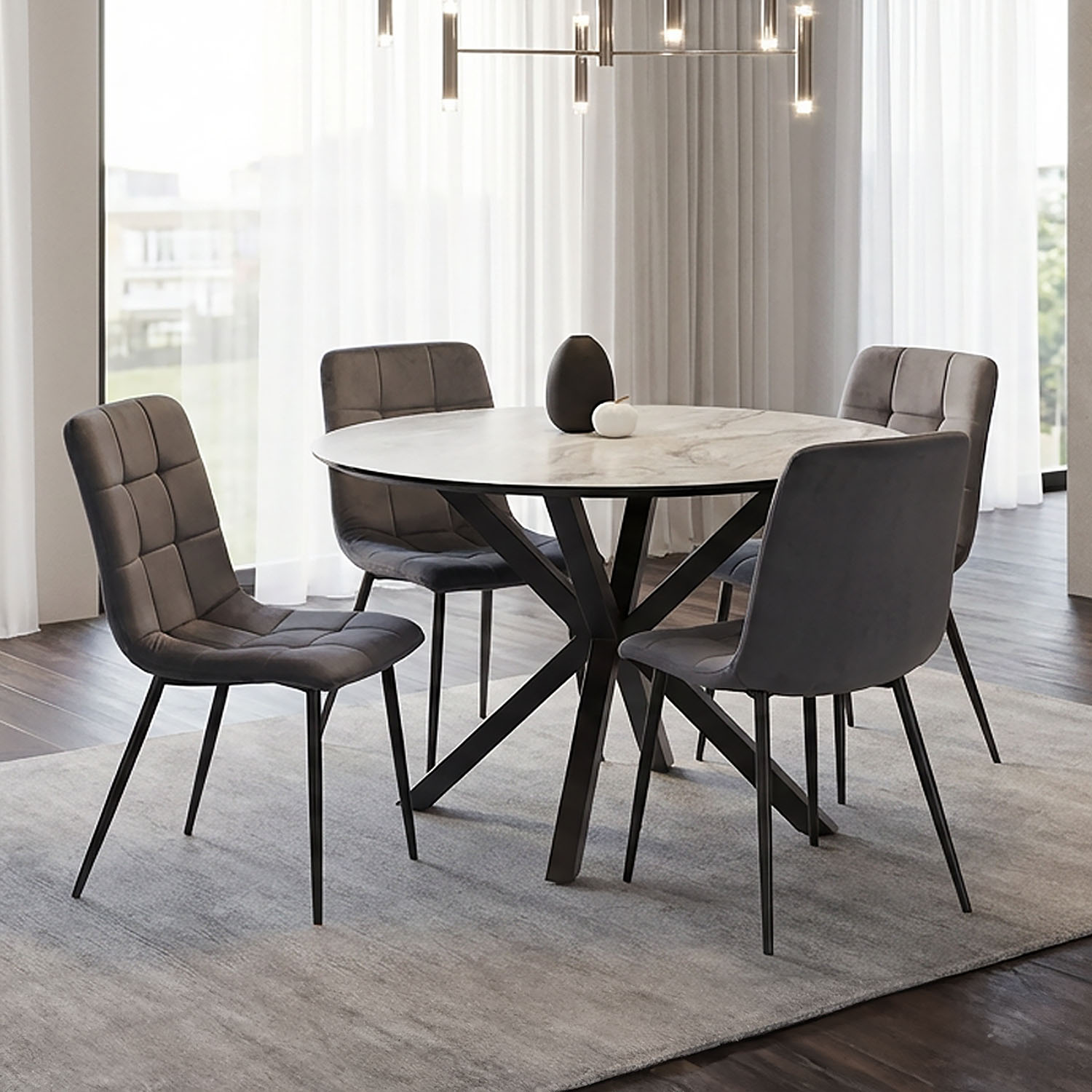 Dining set | 4-piece set upholstered chairs grey | dining table grey black metal frame round 110 cm