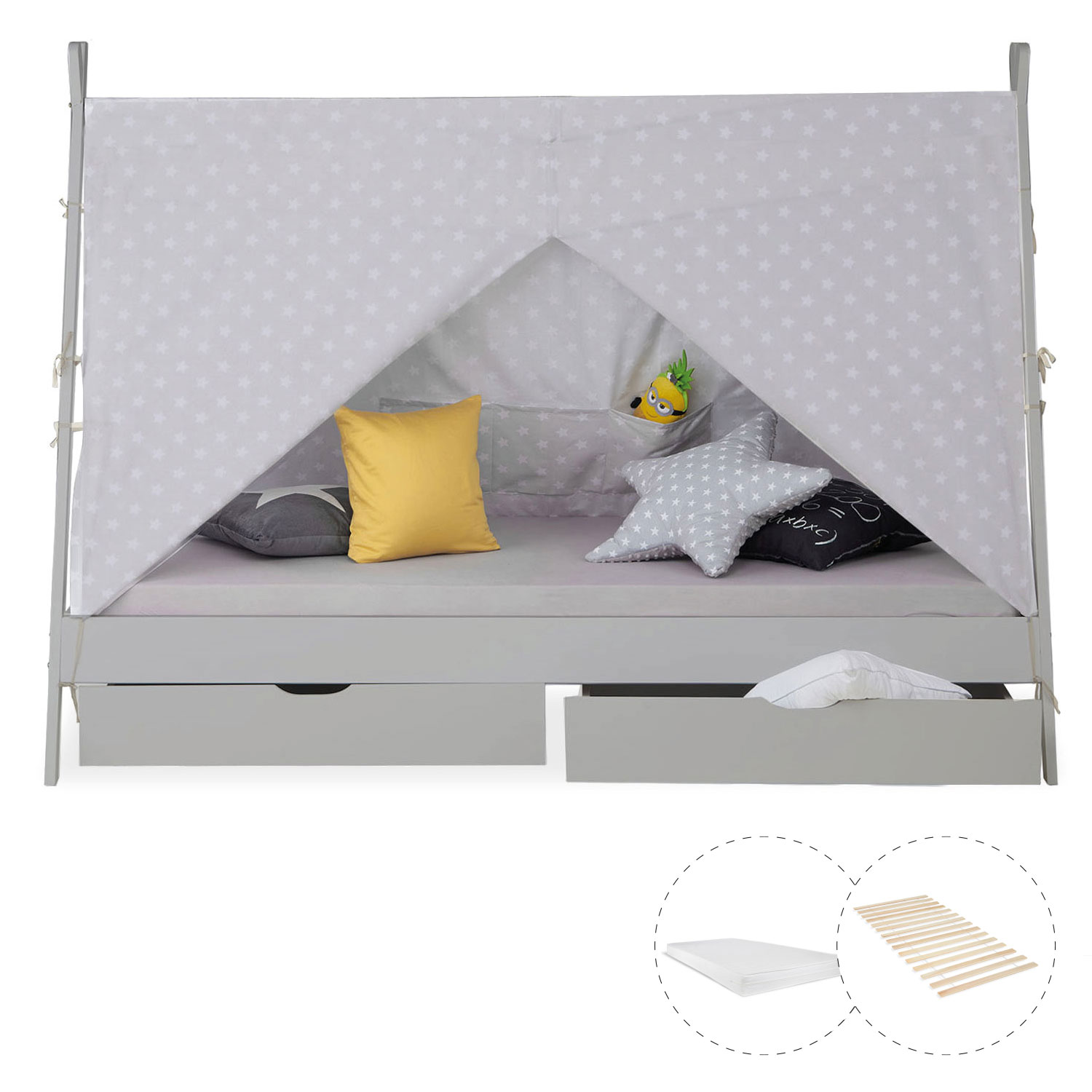 Children's Bed with Mattress House Bed 90x200 cm Bed Grey Wooden Tent Bed with Drawers