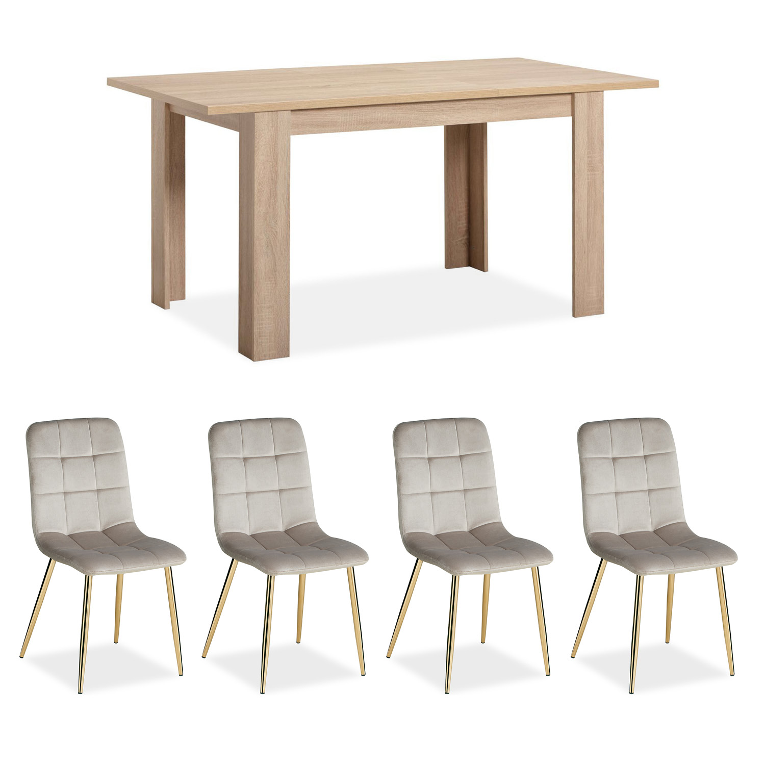 Essgruppe in Naturholzfarbe und Creme mit Holzelementen und Samtbezug. Die Essgruppe mit 4 gepolsterten Stühlen ist in einem hellen Essbereich eingerichtet. Der Tisch und die Stühle sind zusammen mit Grünpflanzen und Wandschmuck zu sehen.