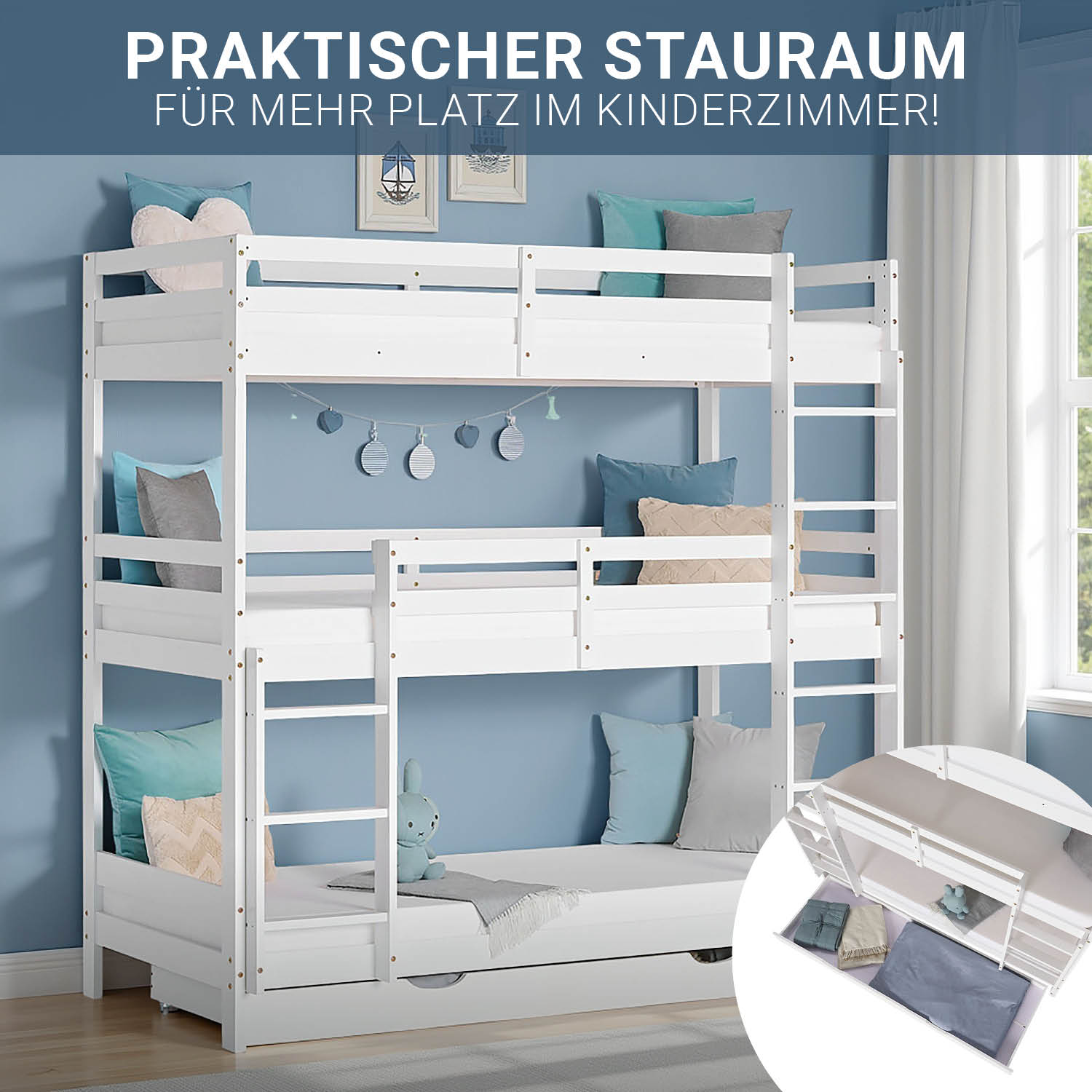 Triple Bunk Bed 90x200 with Mattresses Children´s Bed High Sleeper Cot White Wood Loft Bed Kids Bed