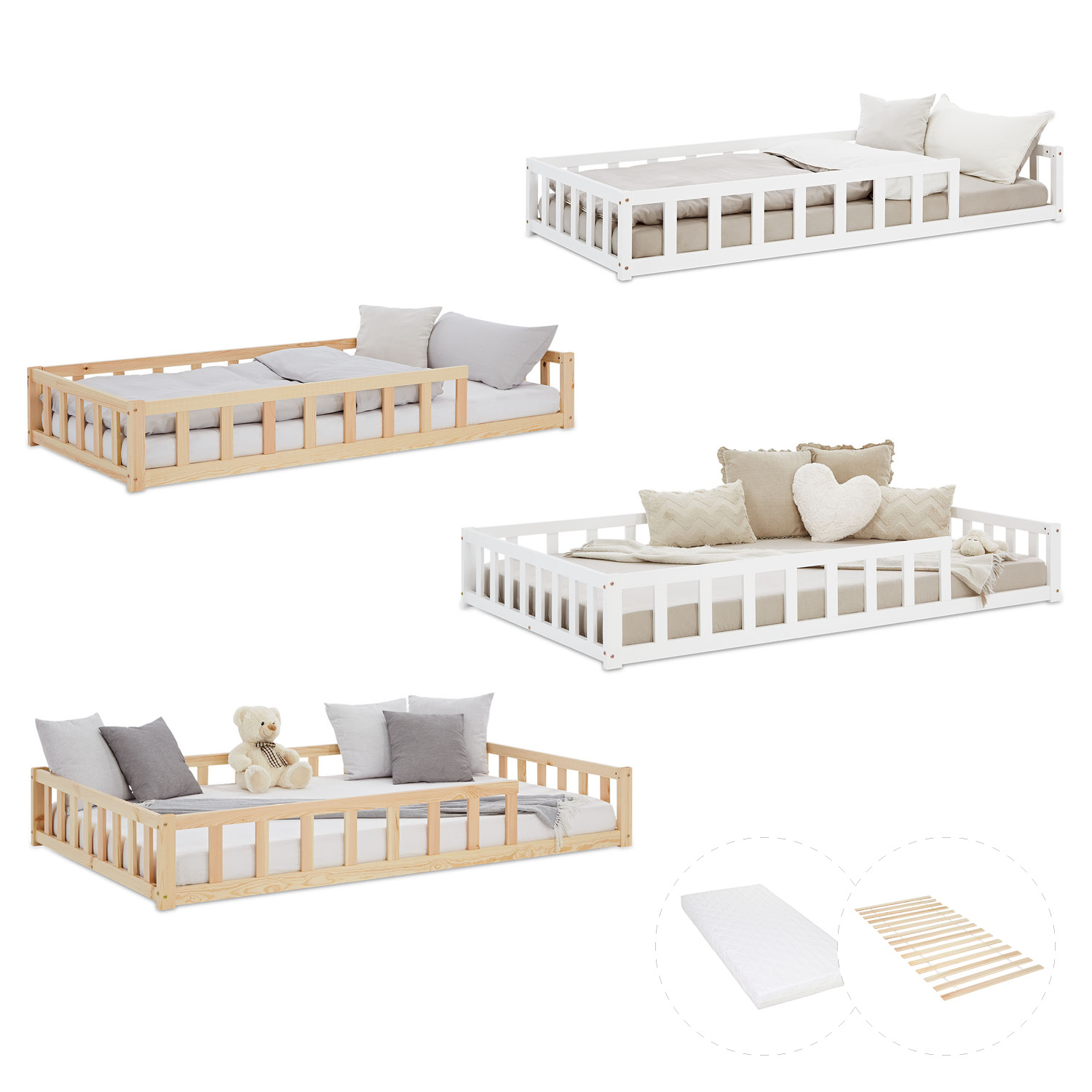 Toddler Floorbed 90x200 or 120x200 cm Montessori Bed with Barriers White Natural Wooden Infant Floor Bed Children's Bed Massif Kids Bed Single Bed Mattress