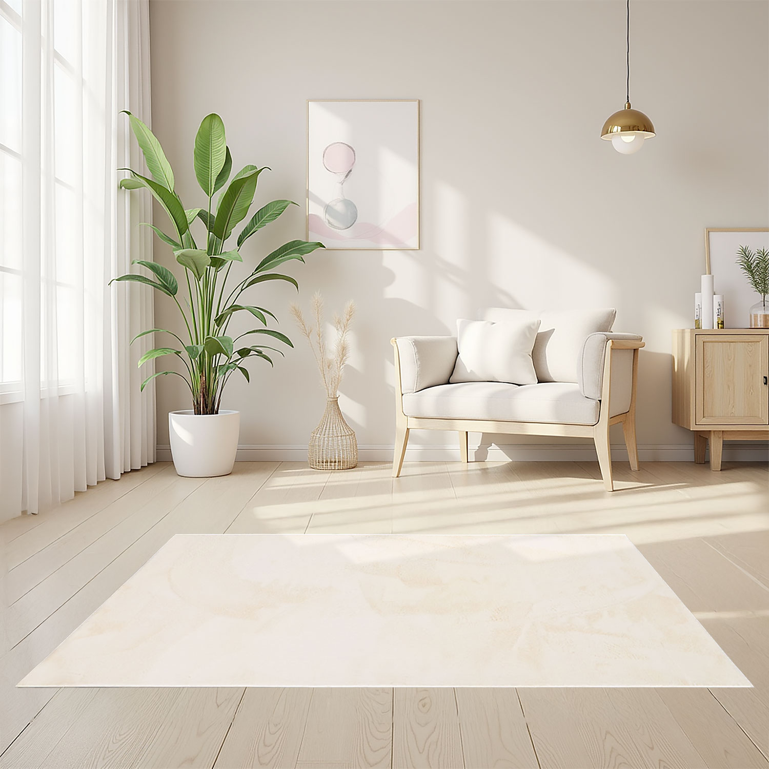 Soft Beige Rug 160x230 cm – Modern Short Pile Living Room Rug – Non Slip Bedroom Carpet – Washable Fluffy Area Rug