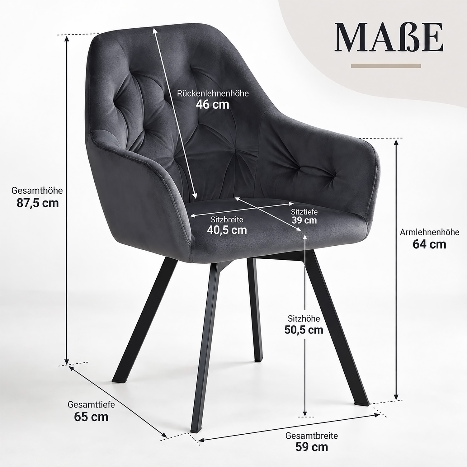 Set of 2 swivel upholstered chairs in gray velvet with armrests – Elegant dining chairs