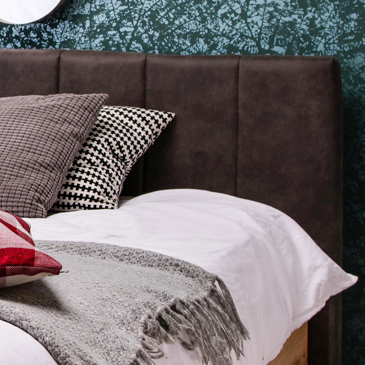 Wooden bed with upholstered headboard 180x200 cm oak und grey | with slatted frame | double fabric bed | industrial style