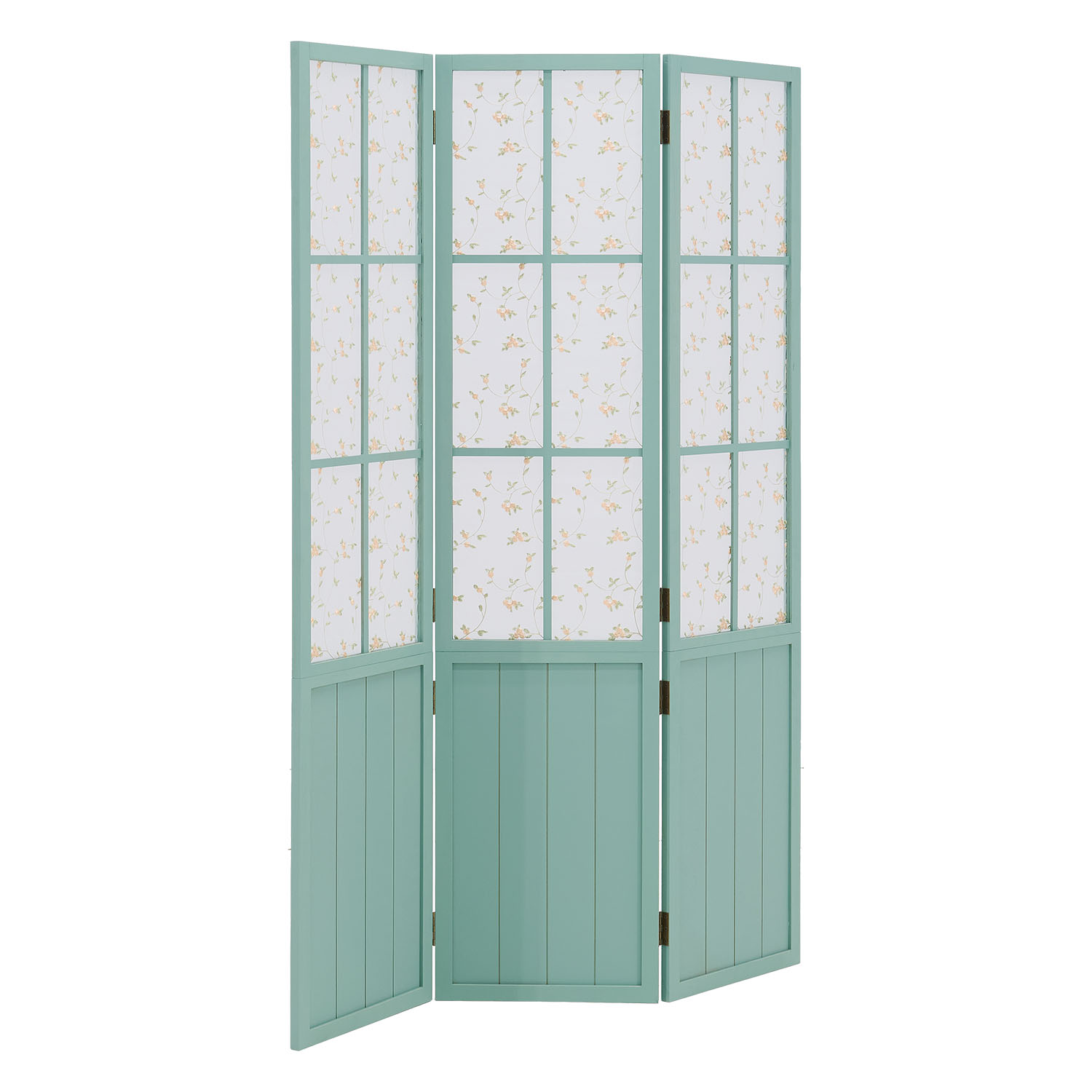 Turquoise Room Divider – 3-panel, country-style with floral pattern & fabric covering