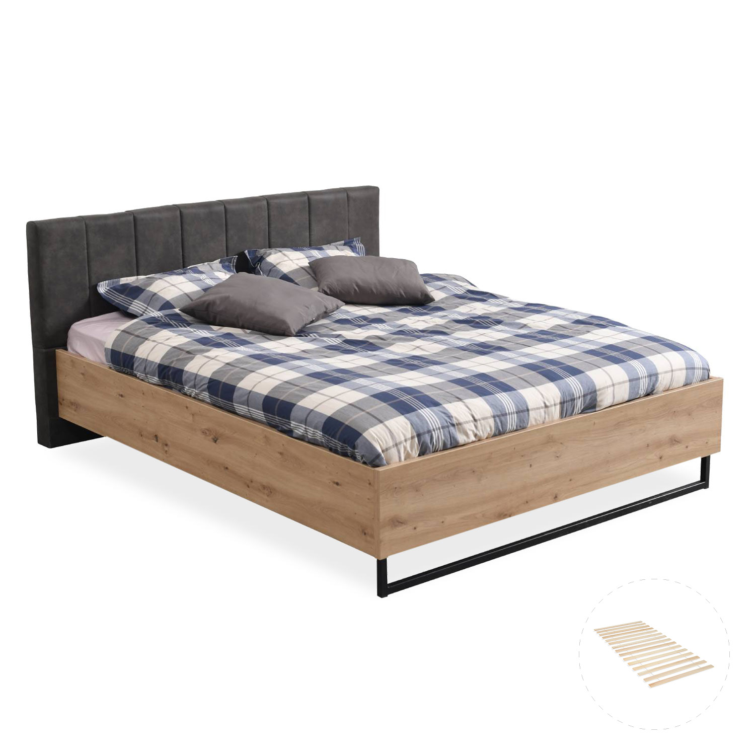 Polsterbett in Grau mit Oberflächen in Eichenoptik, Stoffbezug, Lattenrost und Gestaltung im Industrial-Stil. Das Bett ist mit Matratze und Bettwäsche auf weißem Hintergrund abgebildet. Kopfteil, Bettrahmen und Untergestell sind sichtbar; ein kleines Deta