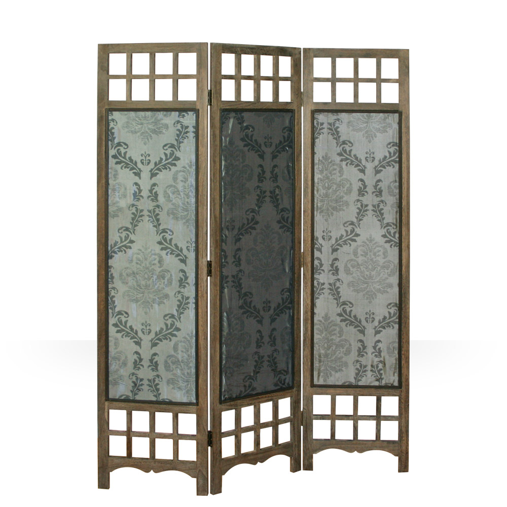 Brown folding screen with gray fabric and ornamental pattern – 3-panel, elegant wooden room divider and privacy screen