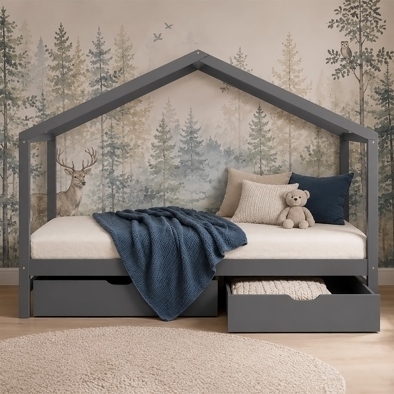 Children's Bed 90x200 cm Gray | House Bed with Drawers | Single Bed | with Slatted Frame | Wood