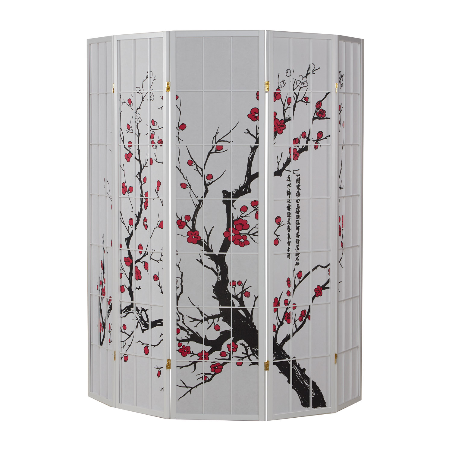 White Cherry-Patterned Folding Screen | White Rice Paper | 5-Panel | Wood | Room Divider, Partition, Privacy Screen