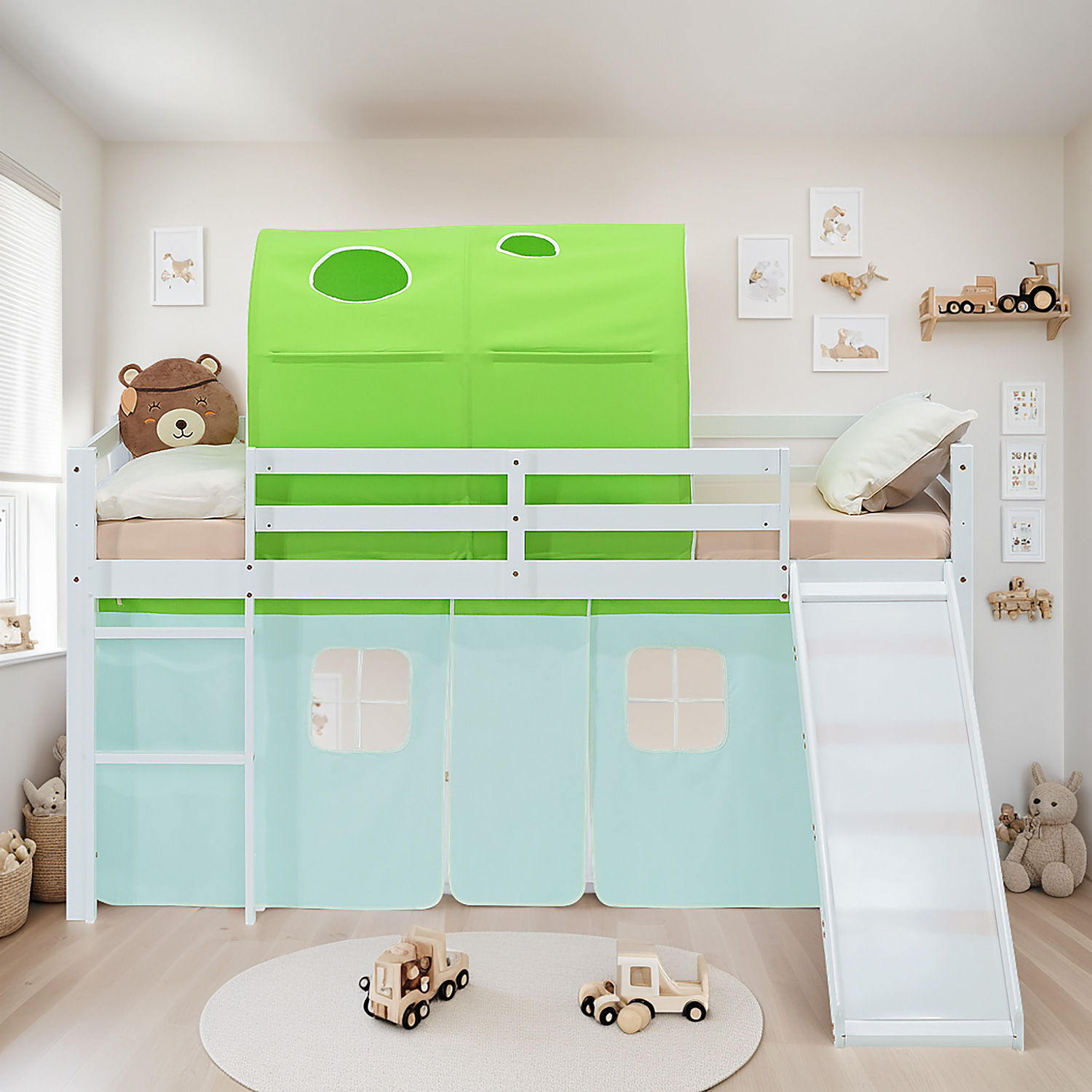 Loft Bed for Kids 90x200 cm White with Curtain & Tunnel in Green | Slide | with Slatted Frame and Mattress
