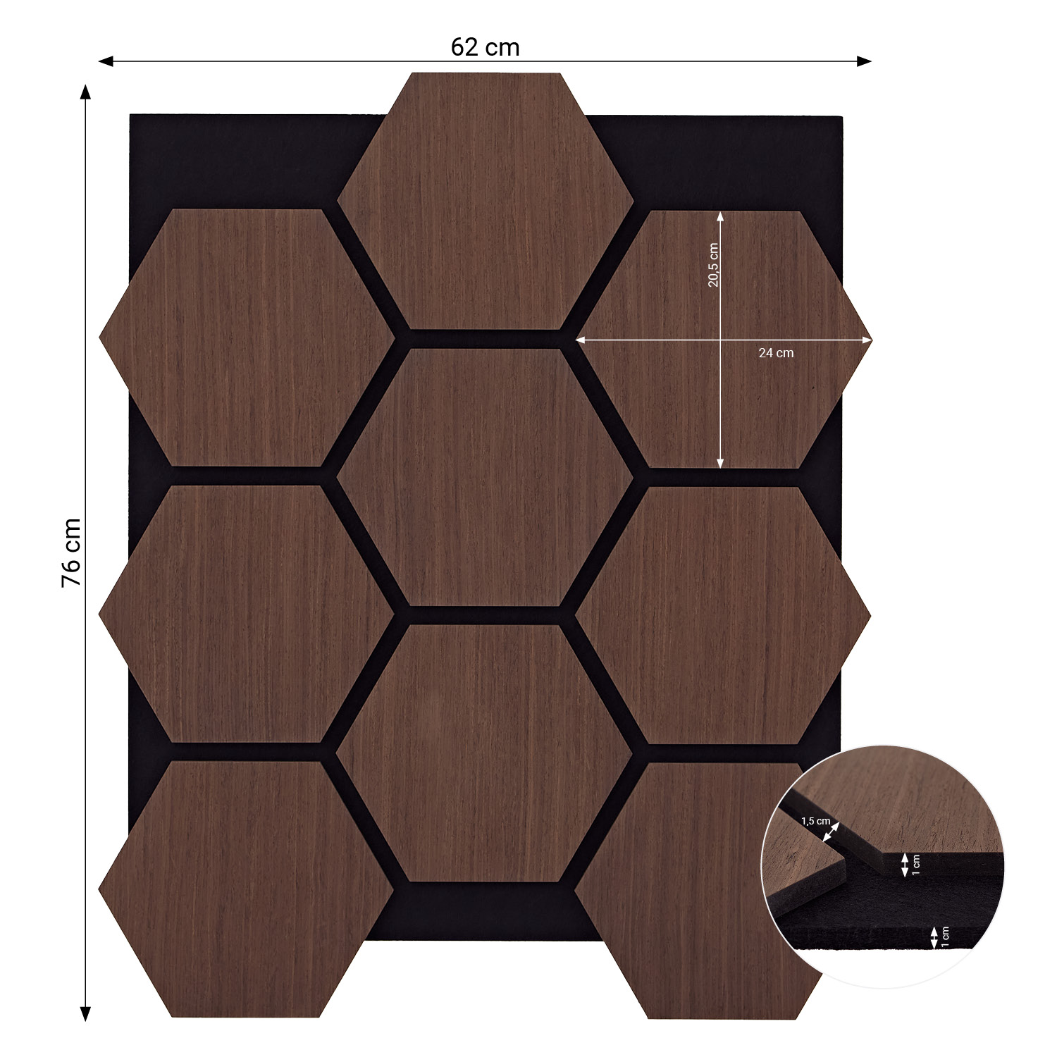 Acoustic Panels Wall Panels Hexagon Honeycomb 76 x 62 cm Brown Walnut | Wood | 8-piece Set | 3D