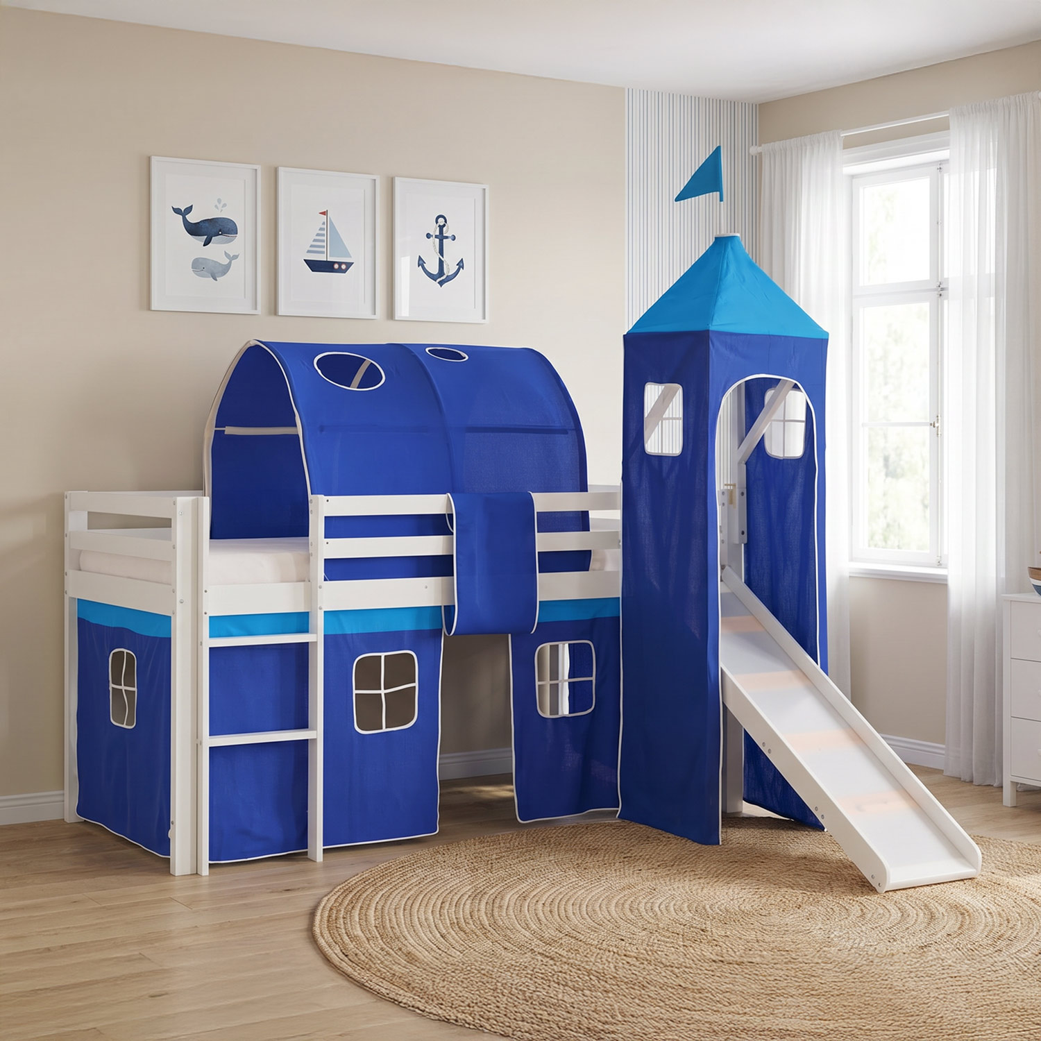 Children's Loft Bed 90x200 cm White with Blue Curtain | Slide | Tower | Tunnel | With Slatted Base | With Mattress