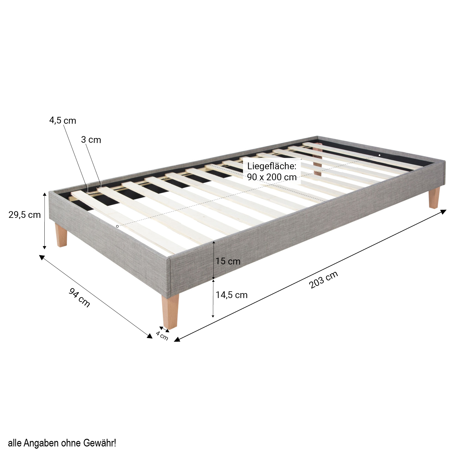 Upholstered Bed with Mattress 90x200 Slatted Frame Single Bed Fabric Bedstead Bed Grey