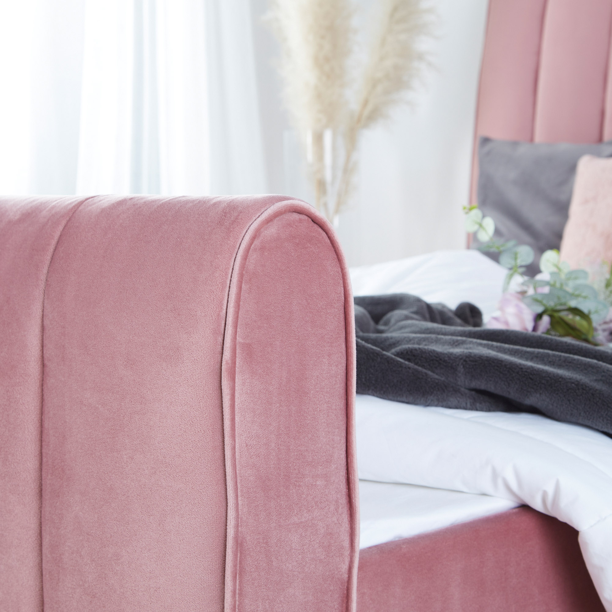 Upholstered Bed Velvet Pink Grey 140 x 200  cm with Slatted Frame Double Bed Fabric Bedstead 