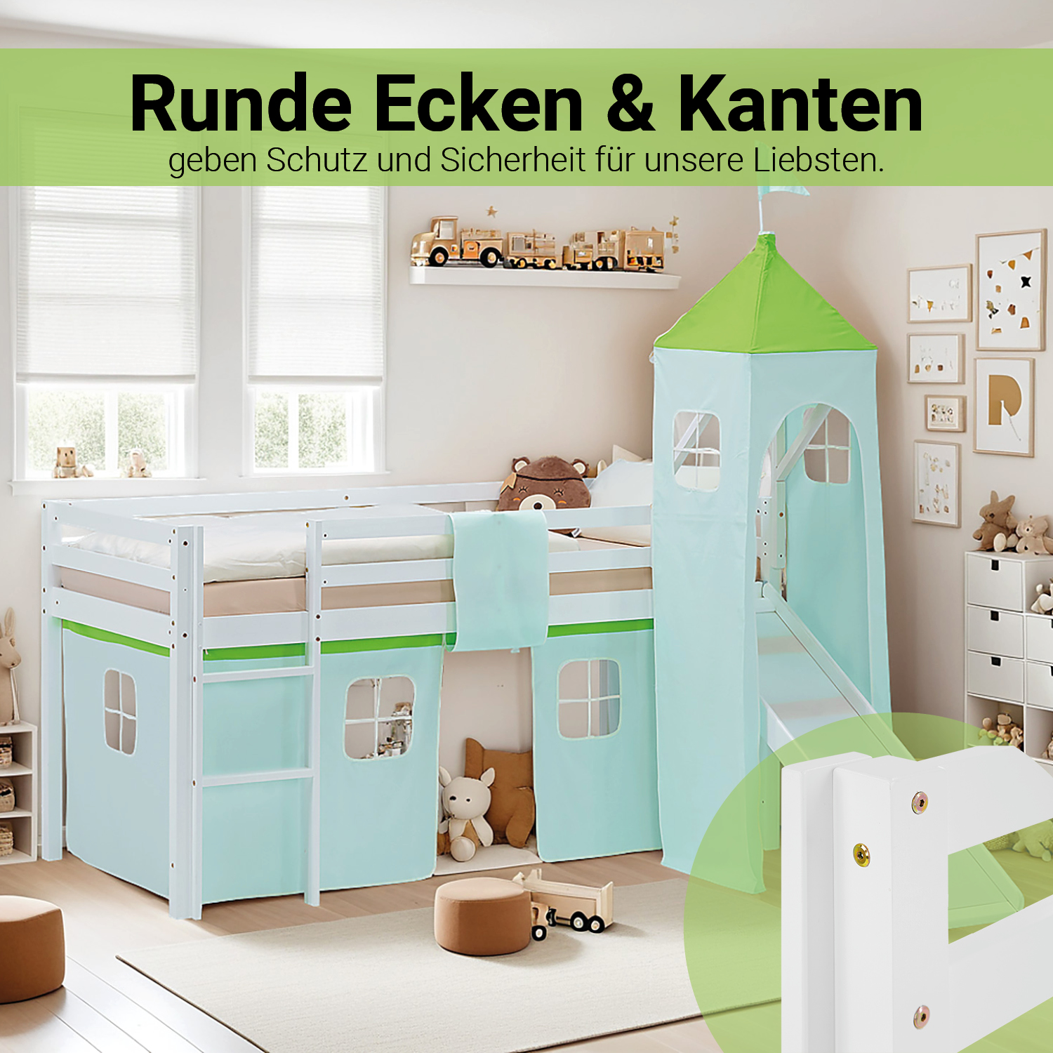Loft Bed for Kids 90x200 cm White with Curtain in Green | Slide | Tower | with Slatted Frame and Mattress