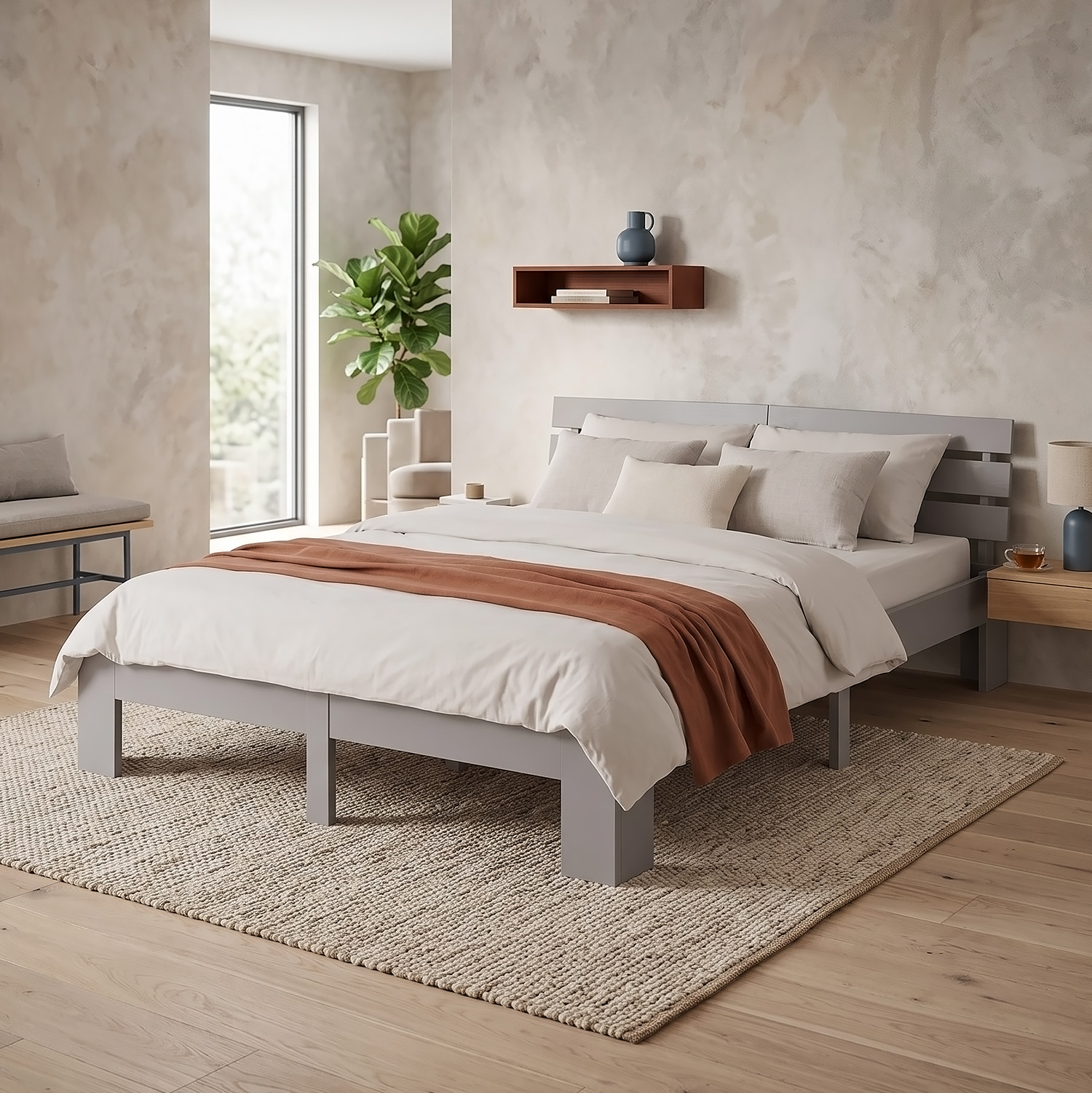 Solid Pine Wood Bed, 140x200 cm – Double Bed with Mattress and Slatted Base