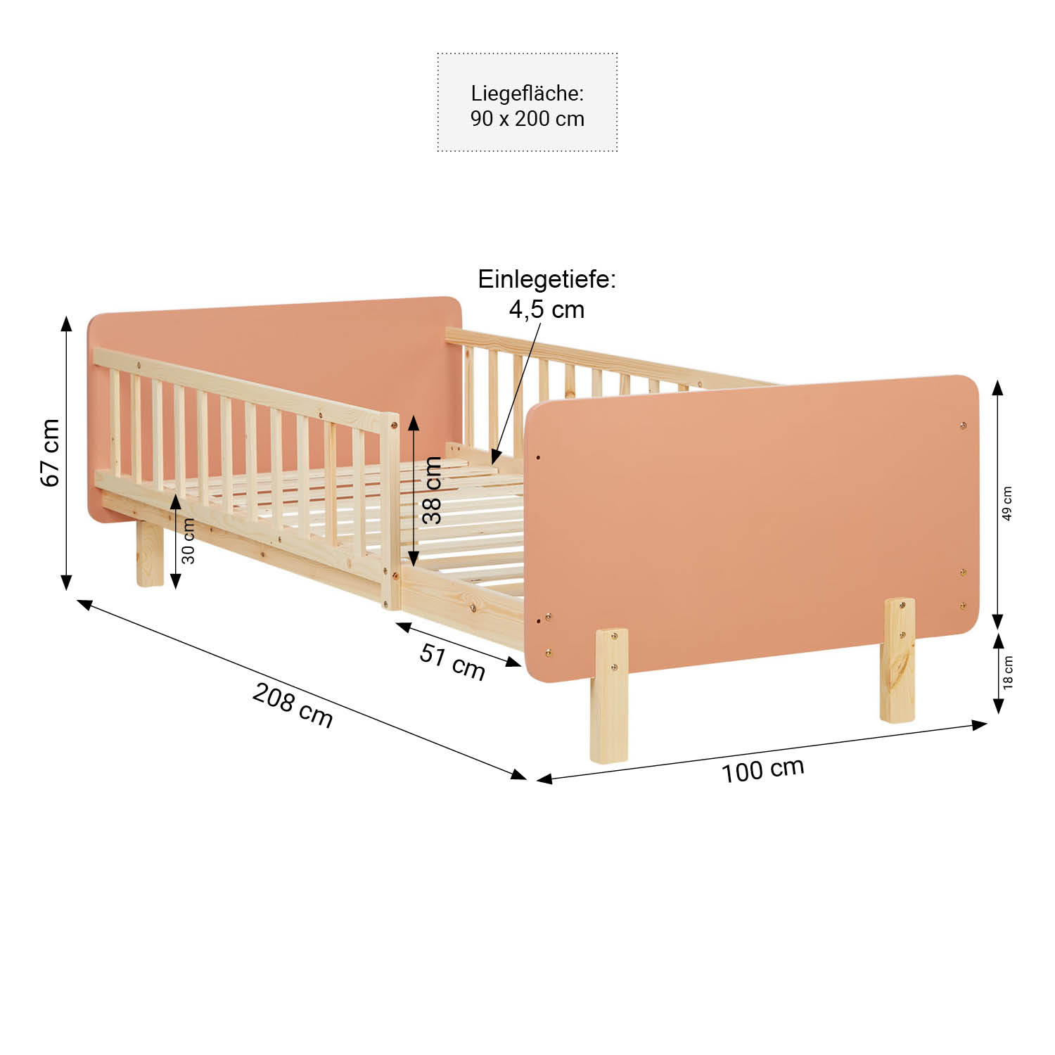 Single bed 90x200 cm White Green Red Wooden Bed frame Toddler bed with safety rail Kids bed Childrens bed Mattress Slatted frame