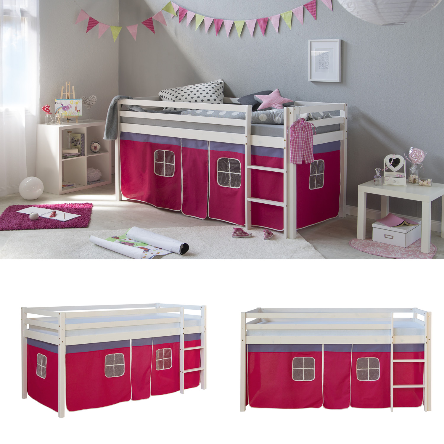 Loft Bed Kids 90x200 cm White with Curtain Pink | without Slatted Frame