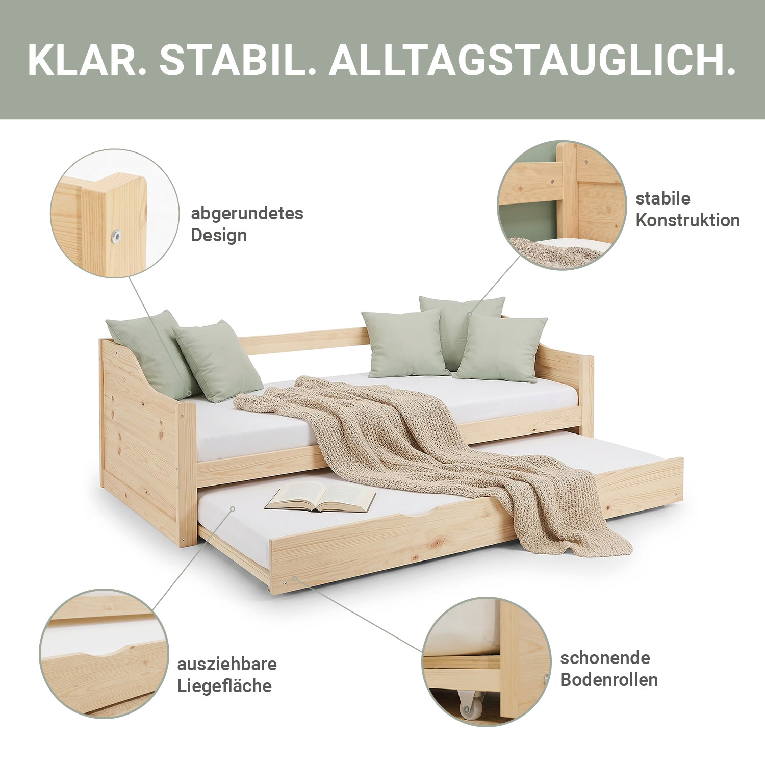 Wood Bed 90x200 cm Natural | Extendable | Cabin Bed | with Mattress | Kids Youth Guest Bedroom