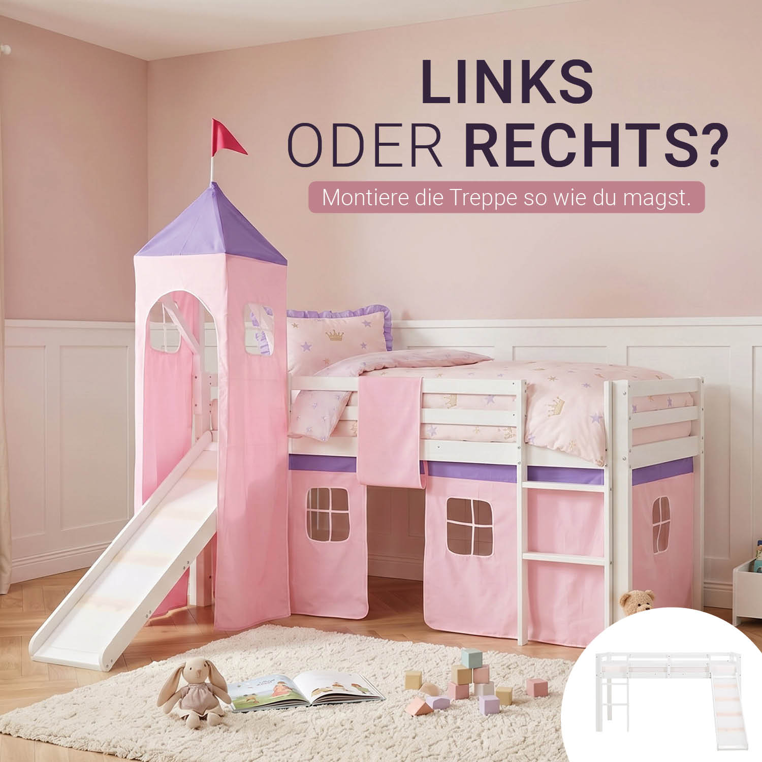 Children's Loft Bed 90x200 cm White with Pink Curtain | Slide | Tower | With Slatted Base | With Mattress