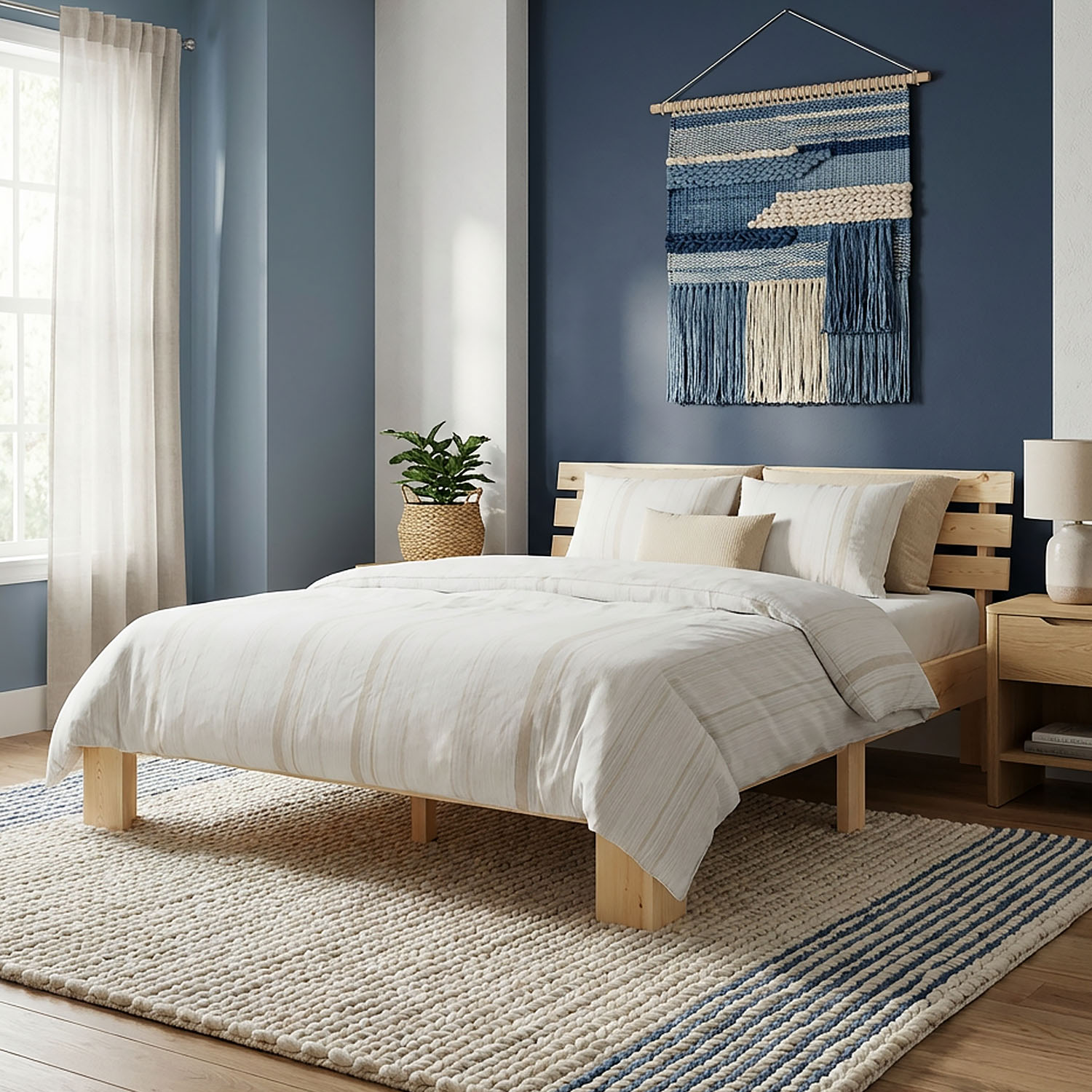 Wood Bed 160x200 cm Natural | Double Bed | with 2 Mattress | Solid | Kids Youth Guest Bedroom