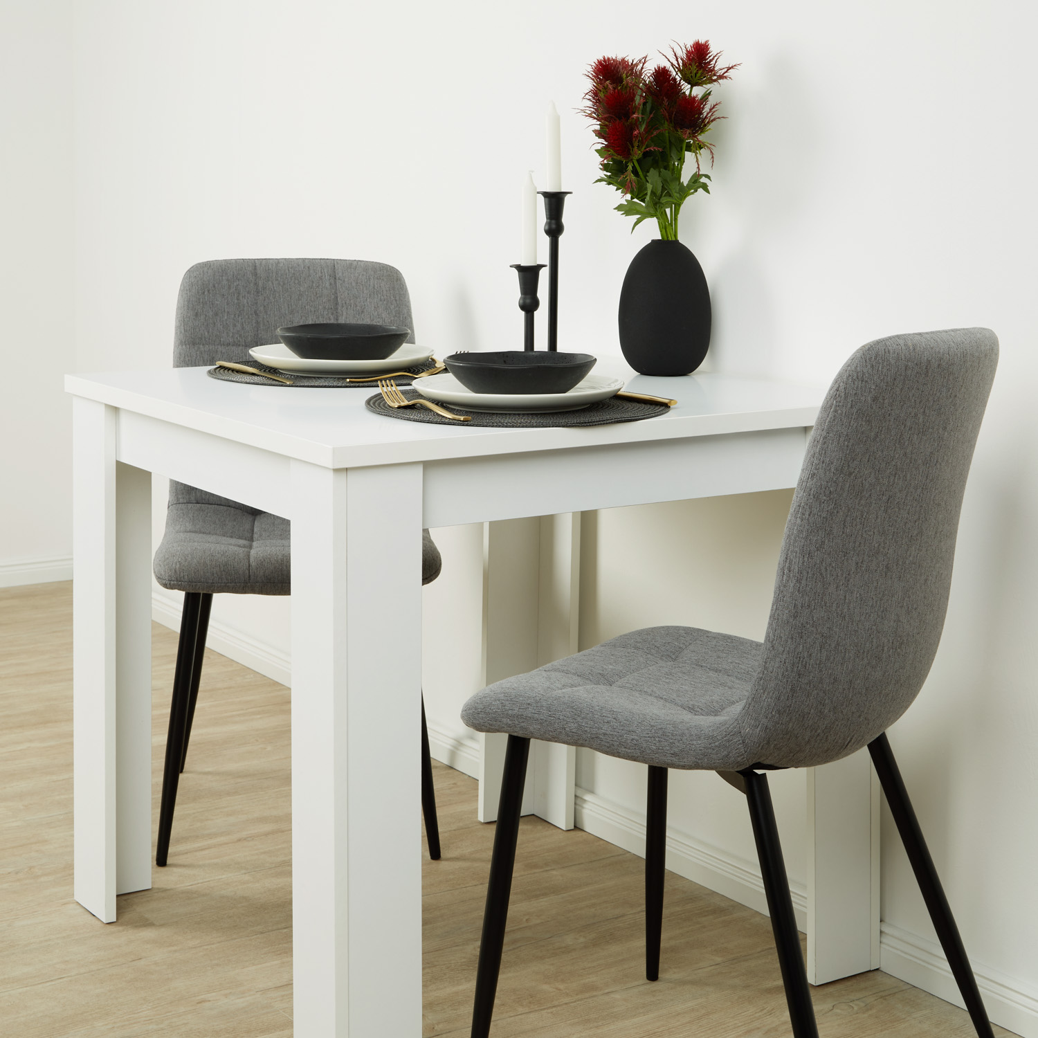 Modern Dining Table White 80x80 cm with 2 Grey Linen Chairs Dining Room Table Wooden Table