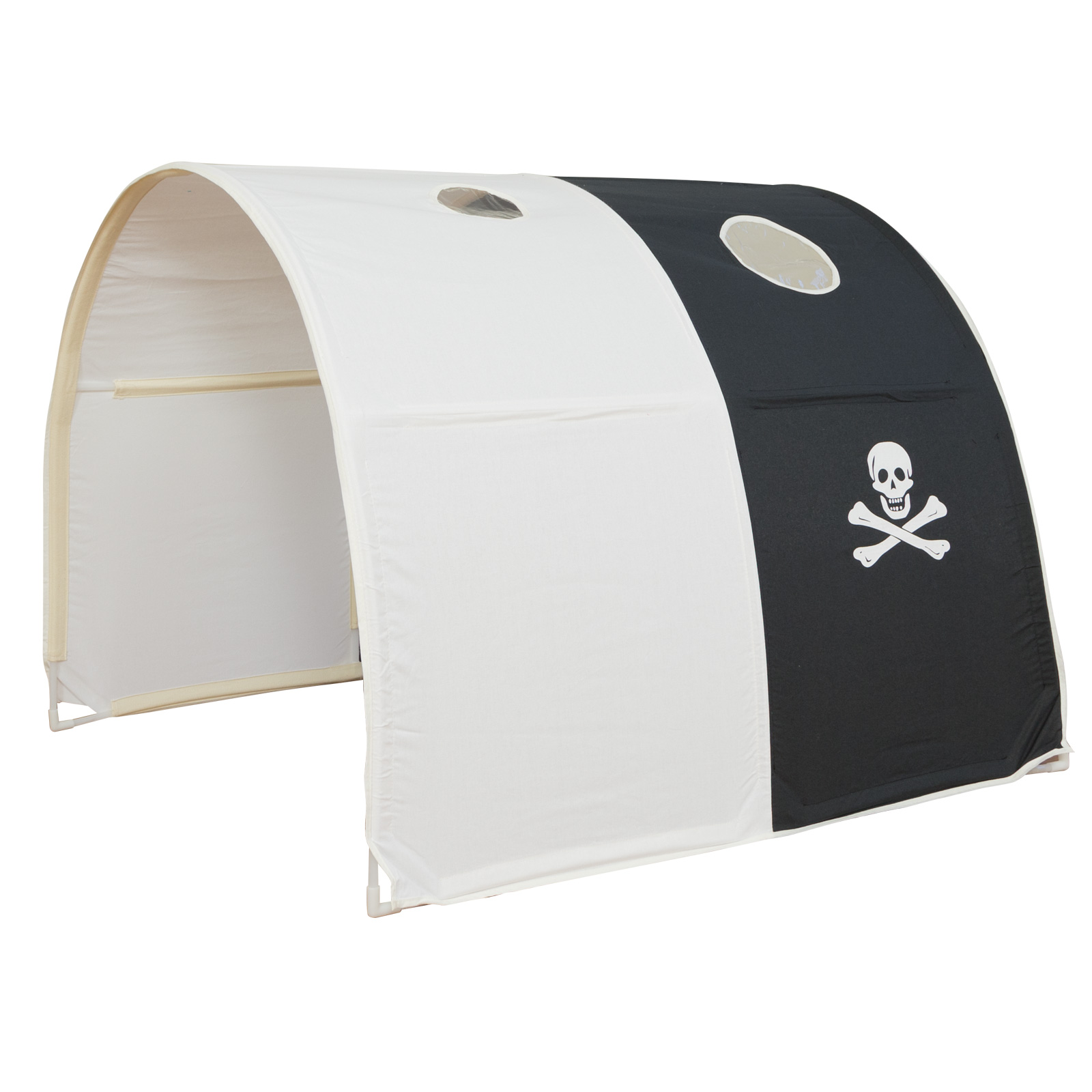 Loft Bed Kids 90x200 cm White with Curtain in Black | Tunnel | Tower | Slide | with Slatted Frame