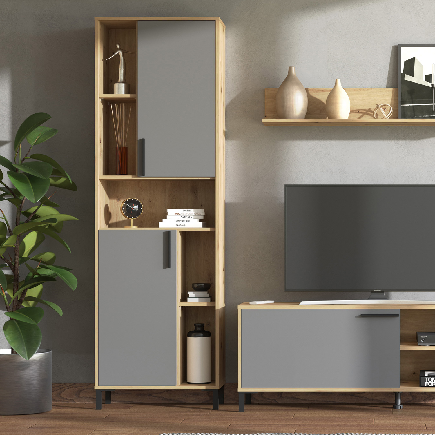 Modern living room unit 4 part cupboard set wall unit wood oak grey TV set with storage entertainment center