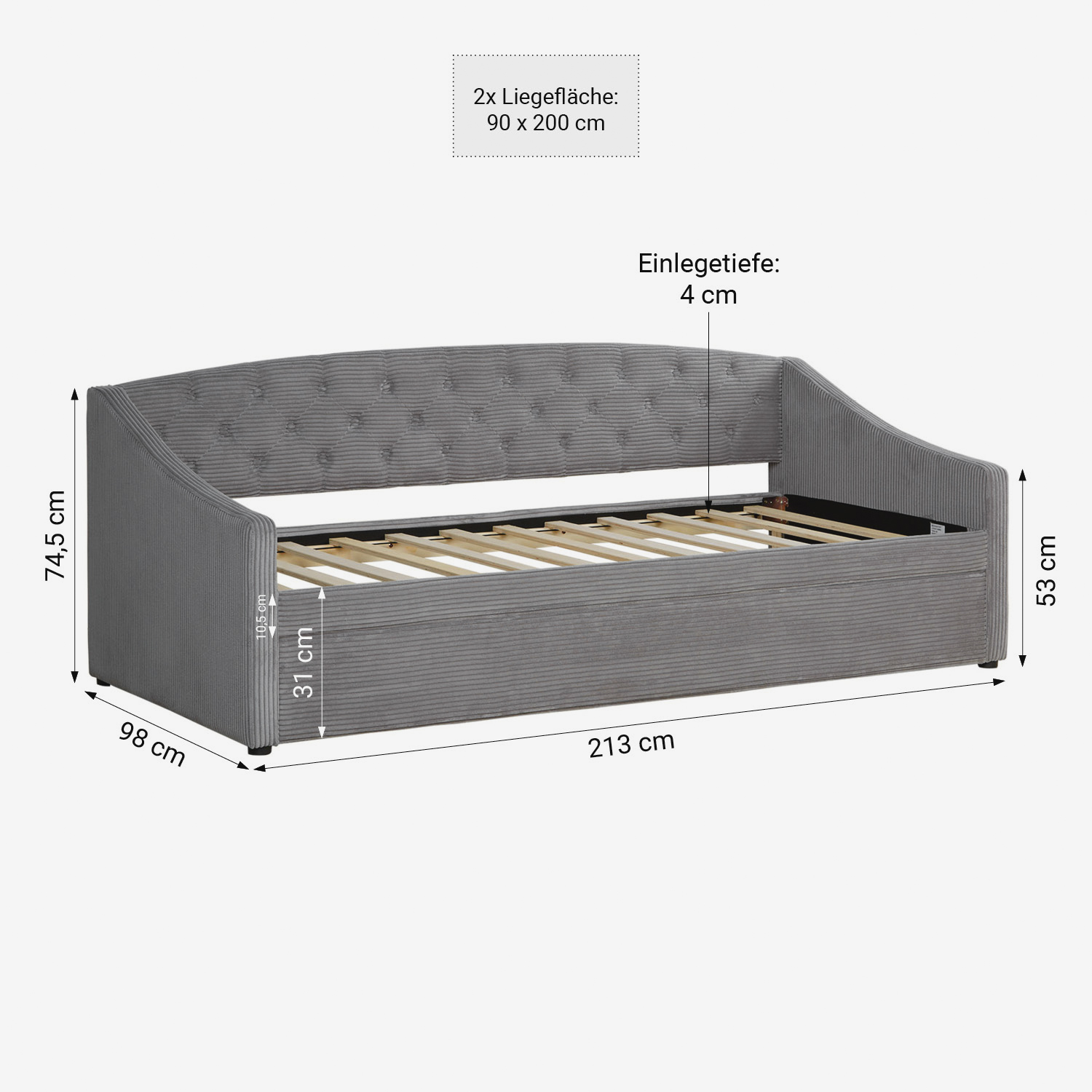 Sofa Bed 90x200 Day Bed Grey Cord Couch Small Sofa Single Bed Upholstered Bed Guest Bed Extendible