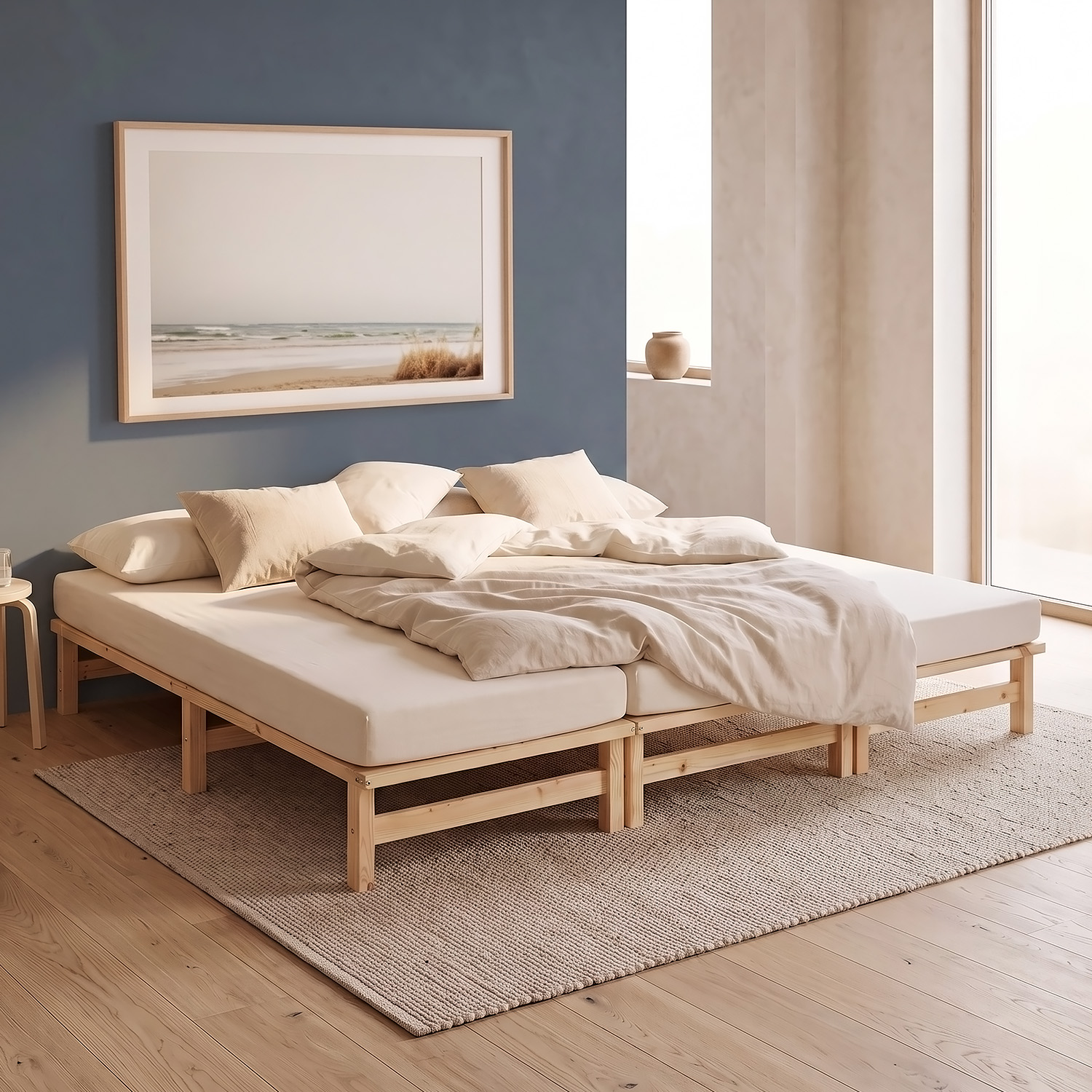 Family Bed 270x200 cm Natural | Maxi Pallet Bed XXL | with slatted frame | Wood | Can also be placed individually