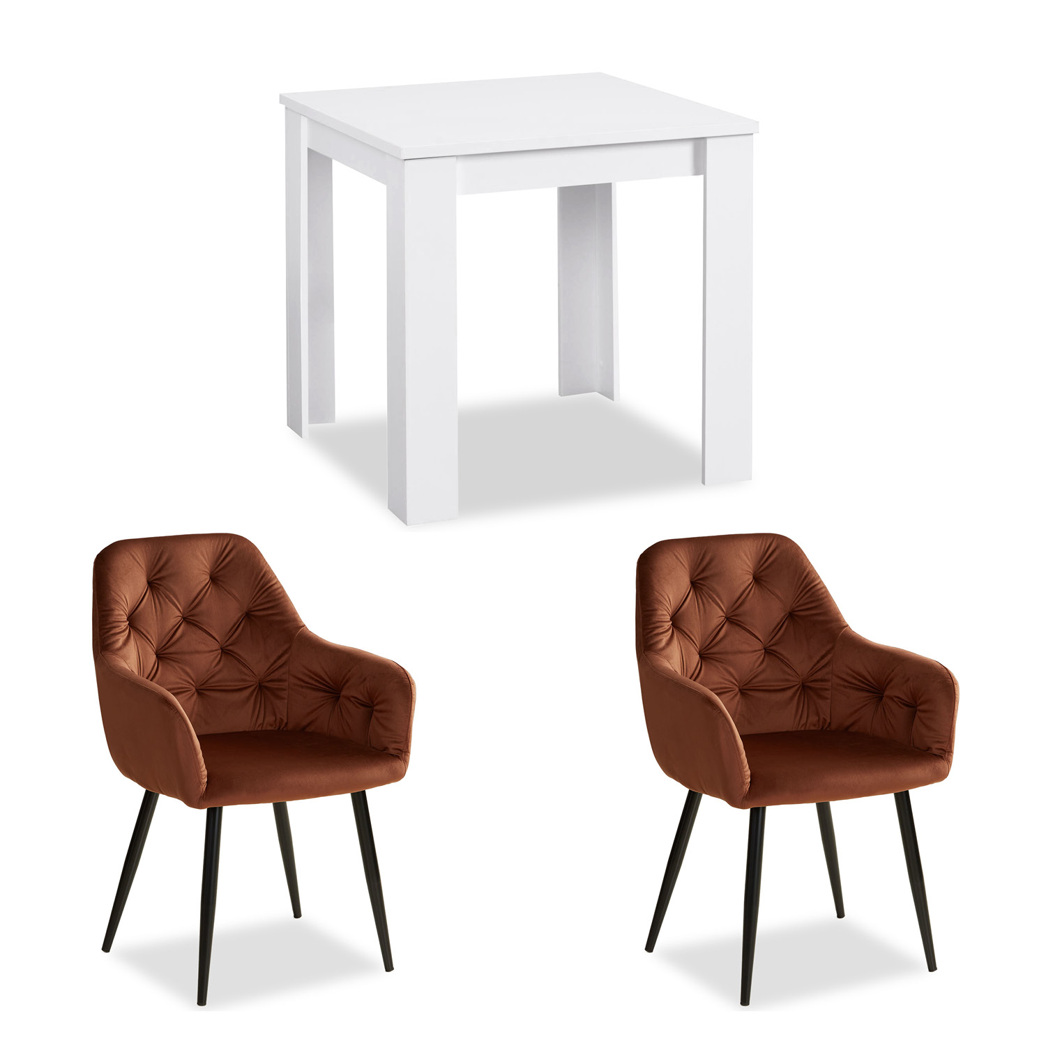 Modern Dining Table White 80x80 cm with 2 Chairs Brown Velvet Dining Room Table Wooden Table