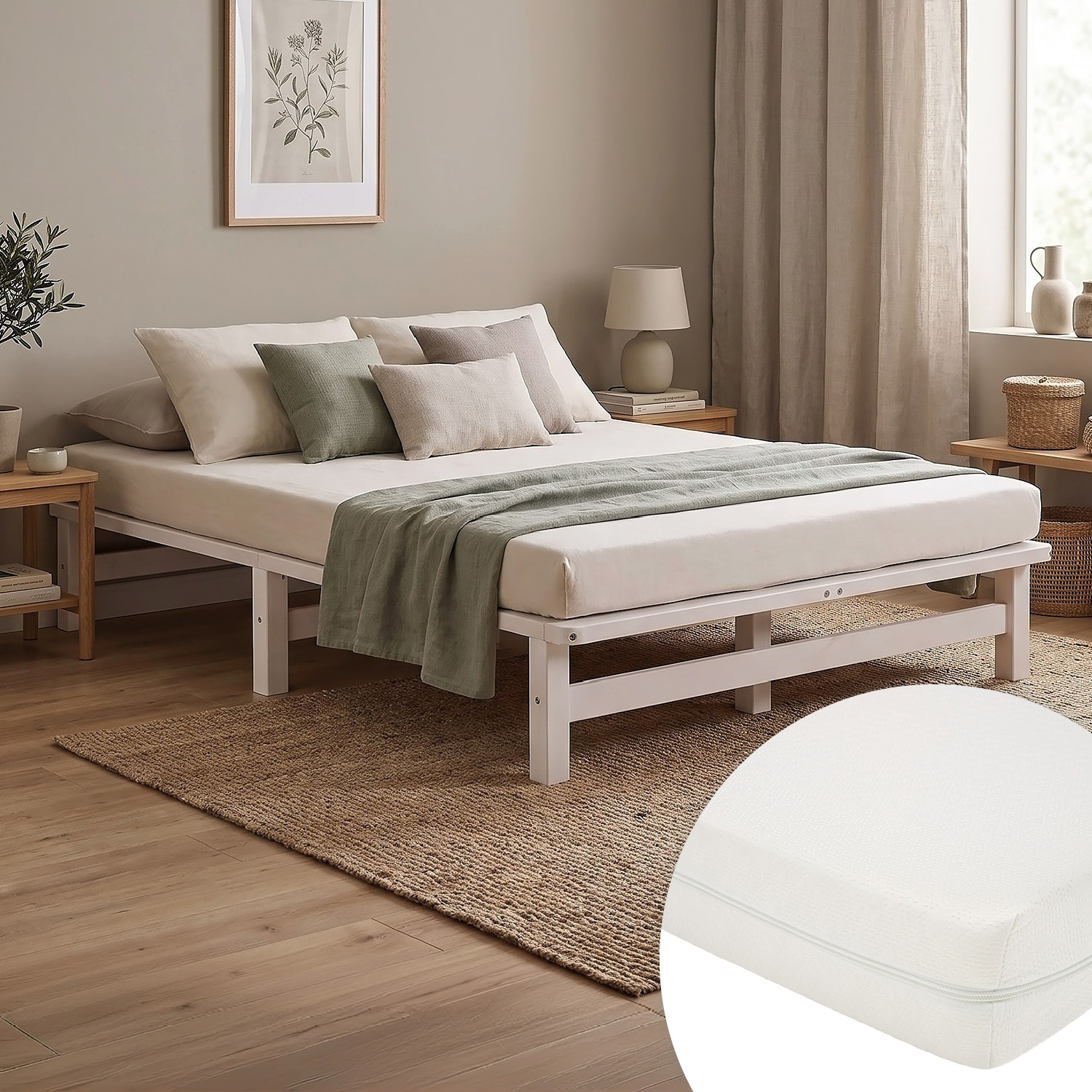 120x200 cm White Pallet Bed – Wooden Double Bed with Mattress & Slatted Base for Teen Rooms, Guest Rooms, and Bedrooms