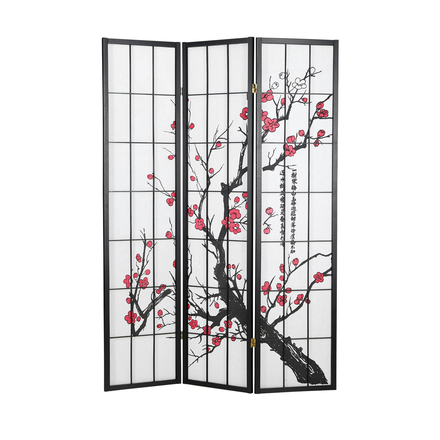 Paravent room divider 3 4 5 6 parts, wood black, rice paper white, cherry pattern
