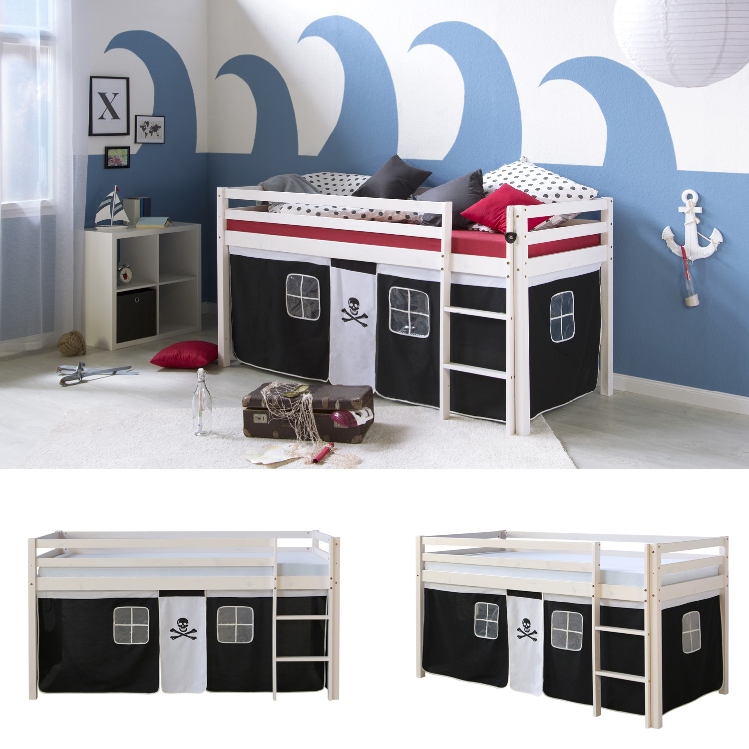 Loft Bed Kids 90x200 cm White with Curtain Black | without Slatted Frame Loft Bed Kids 90x200 cm White with Curtain Black | without Slatted Frame