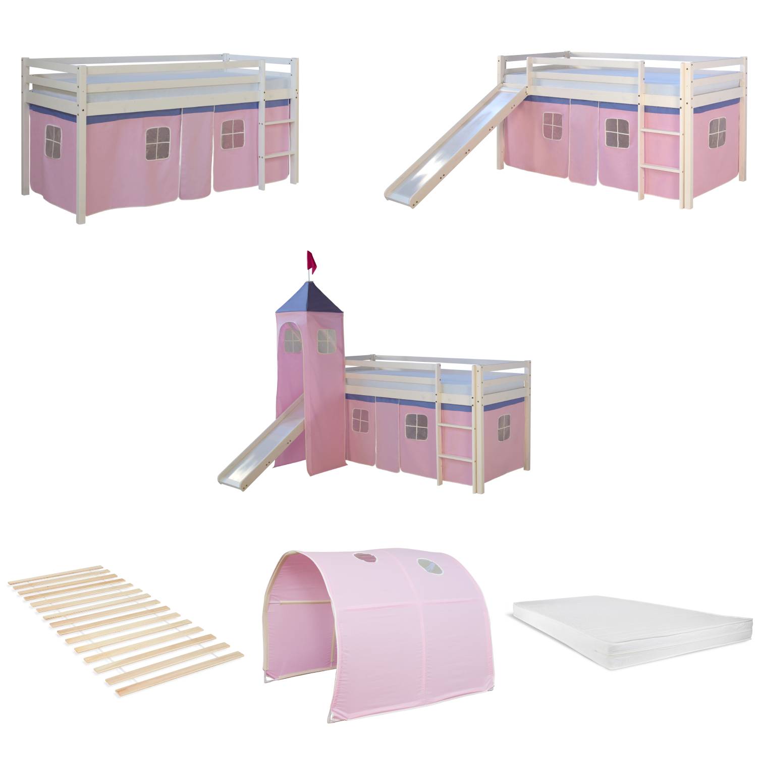 Loftbed 90x200 cm Bunk bed Childrens bed Solid Pine Wood Tower Tunnel Curtain Pink Slide Mattress Slats